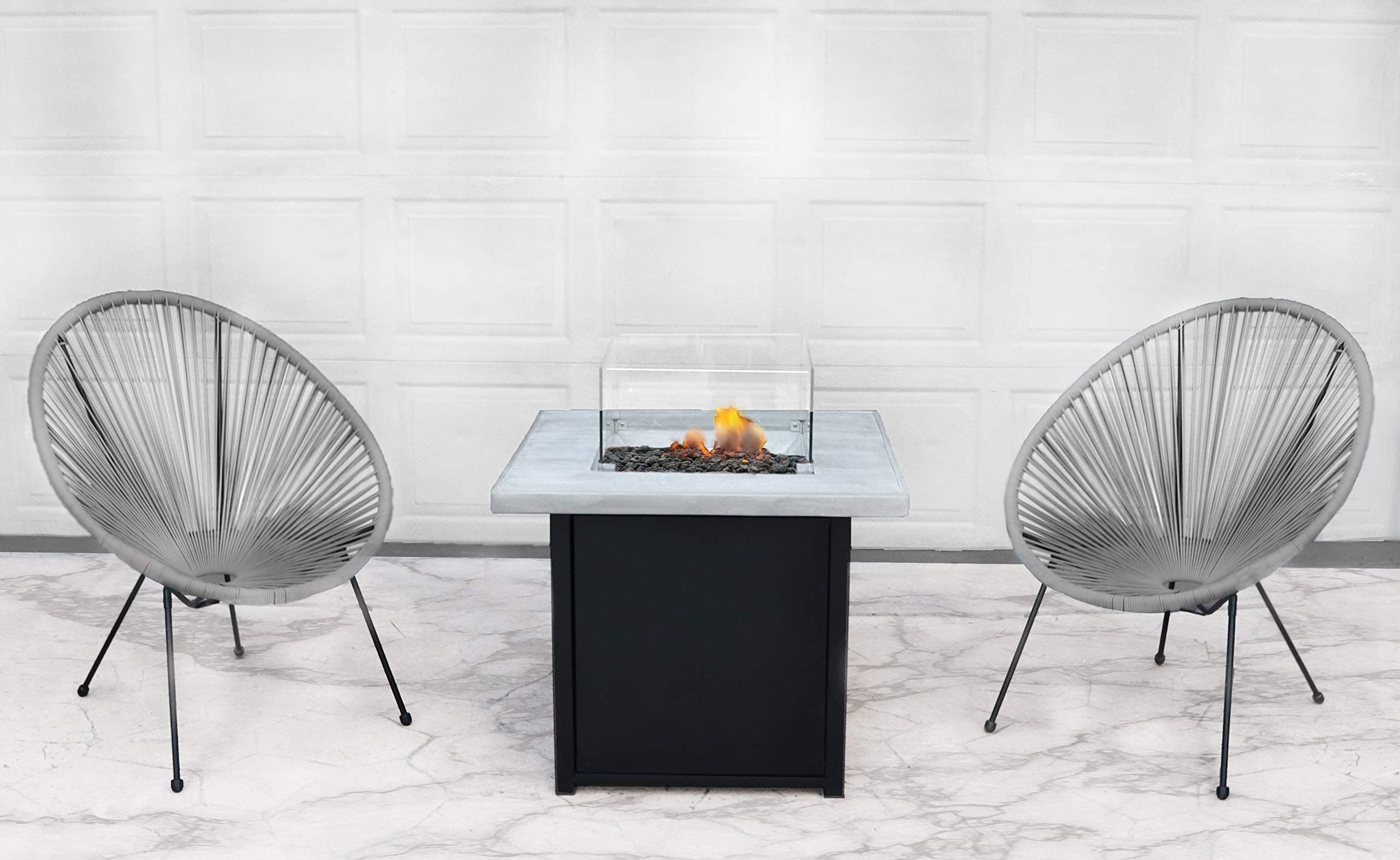 Papasan Chair Set | Acapulco Chair, All-Weather Wicker Indoor/Outdoor Round Lounge Chair with Firepit Table by Living Source International [CM-1049] (2 Chair with Fire-Pit Table, Grey)