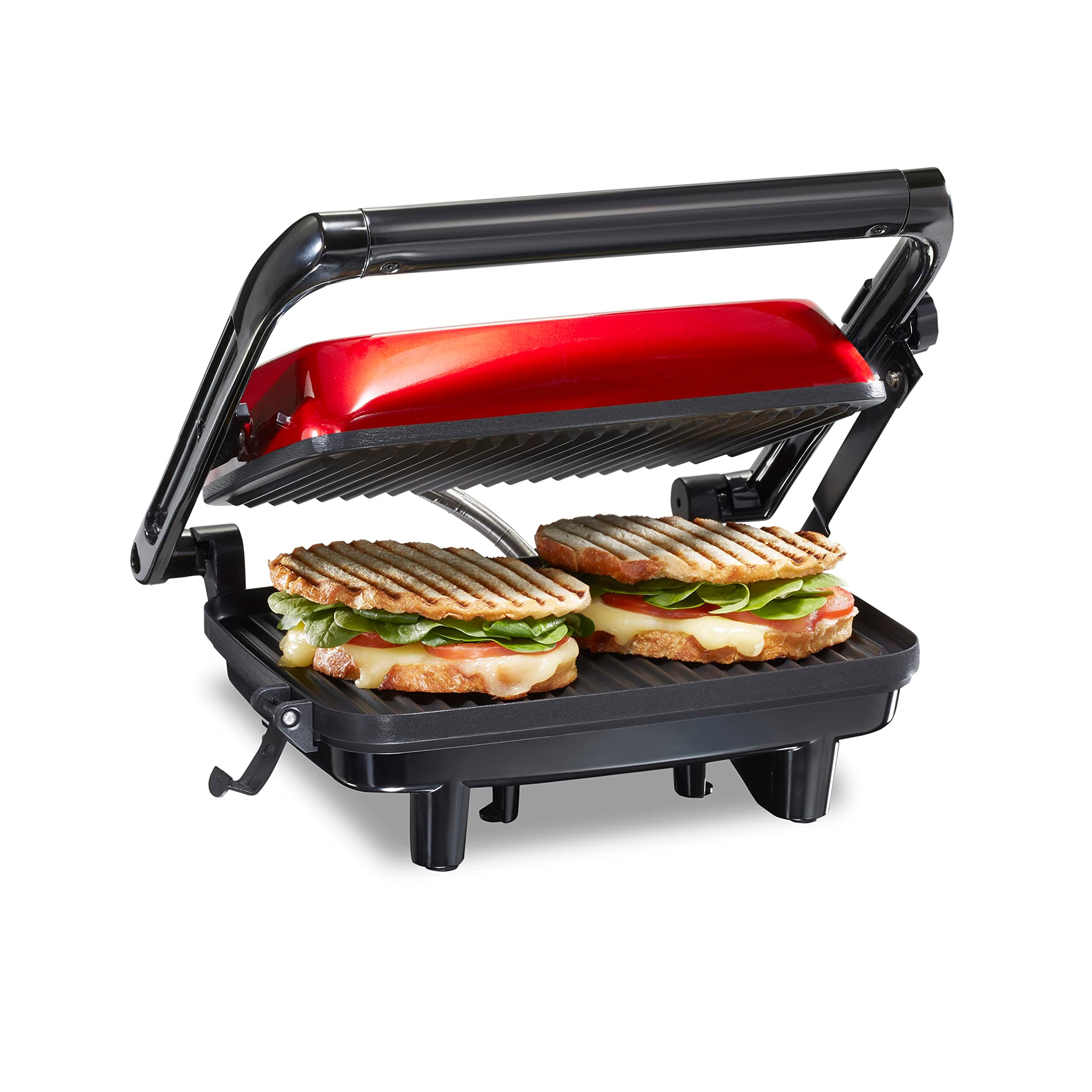Hamilton Beach Panini Press Sandwich Maker & Electric Indoor Grill with Locking Lid, Opens Wide to Fit Any Thickness for Quesadillas, Burgers & More, Nonstick 8" x 10" Grids, Red (25462Z)