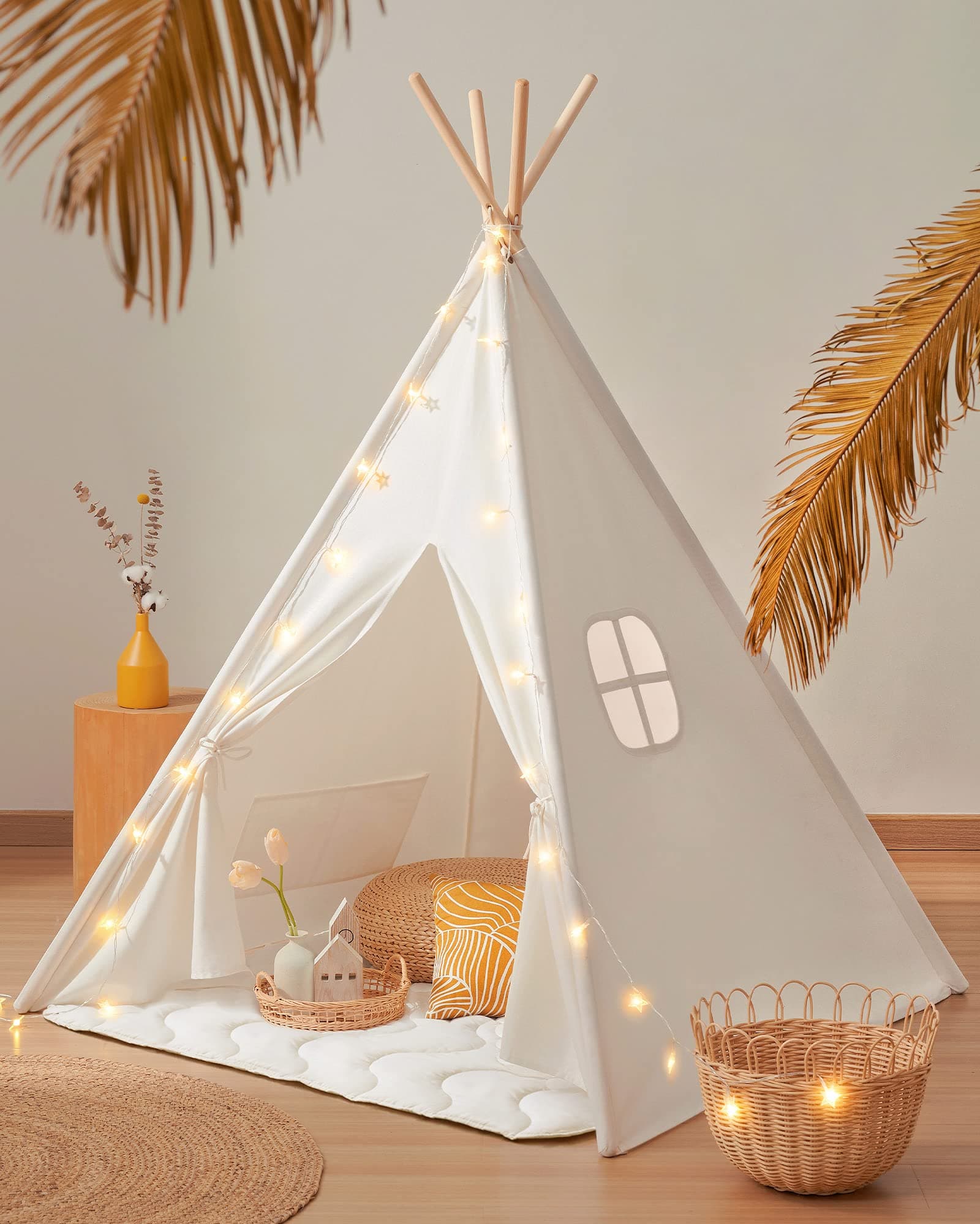Tiny Land Teepee Tent for Kids with Padded Mat, Light String & Carry Case, Foldable Play Tent for Indoor Outdoor, Washable Tipi Tent for Sleepover, Reading Nook, Portable Playhouse - Raw White Canvas