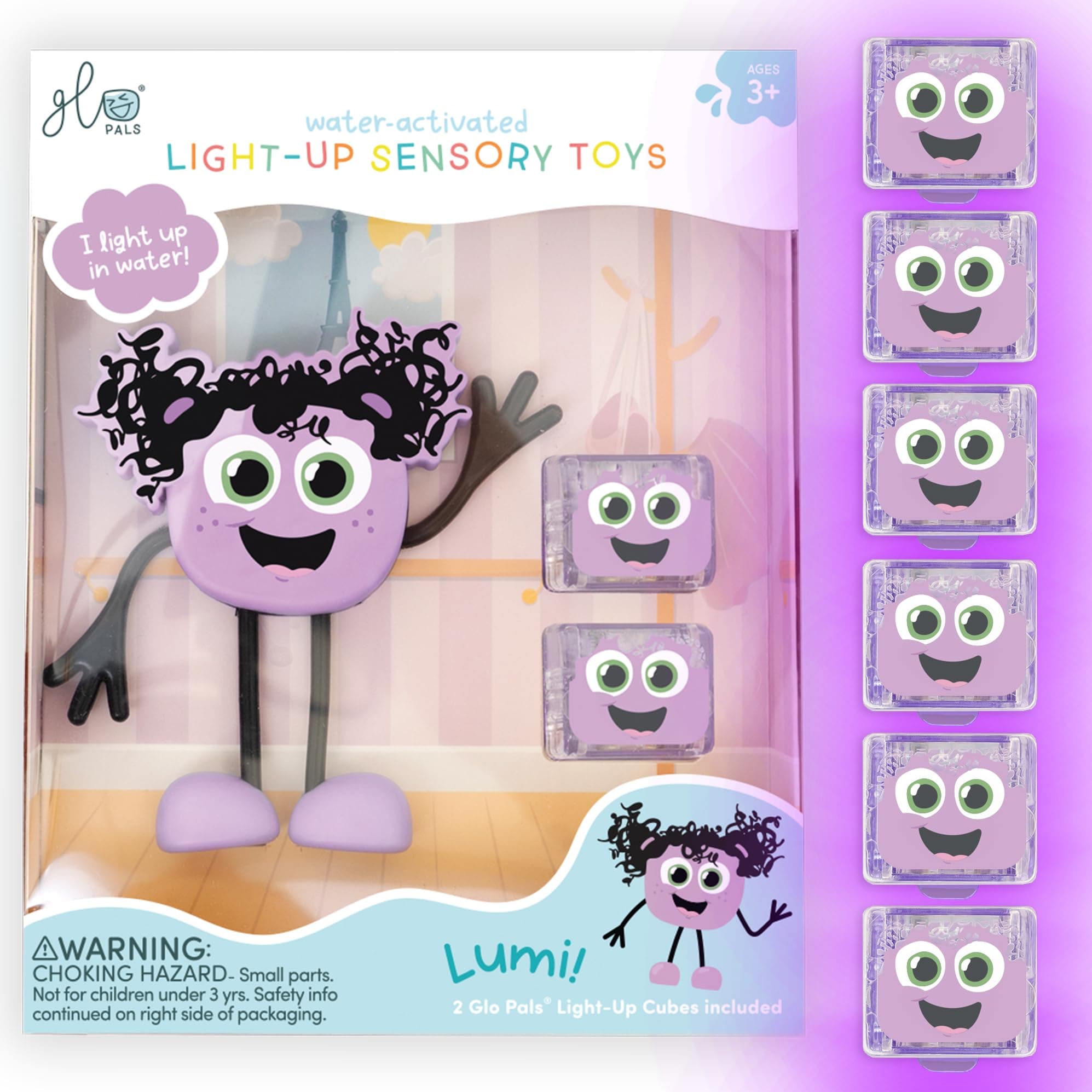 Glo Pals New Lumi Water-Activated Bath Toy with 6 Reusable Light-Up Cubes for Sensory Play