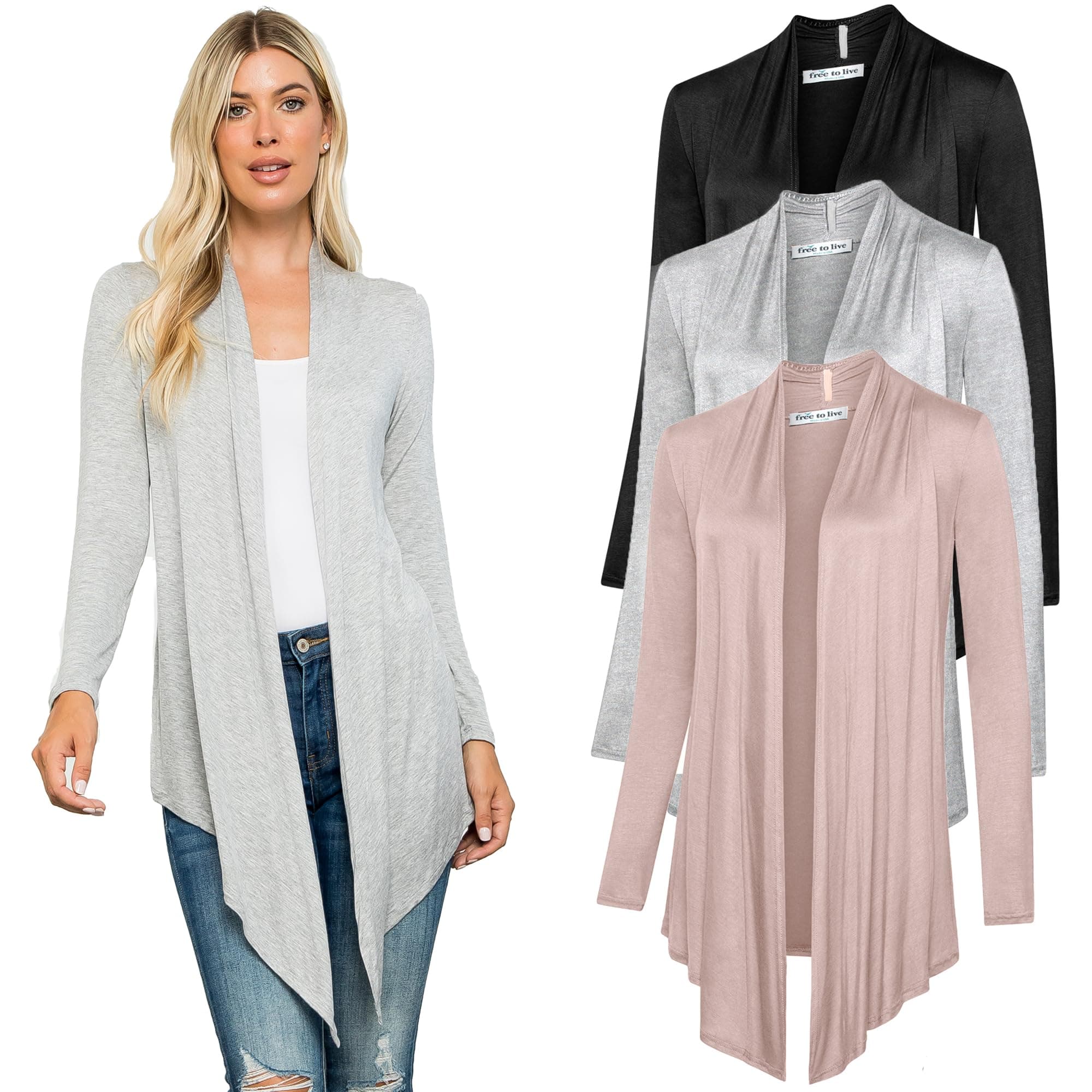 Free to Live3 Pack Long Sleeve Cardigan for Women Open Front Dressy Casual Fall Draped Lightweight Sweaters Cover Up Shrugs