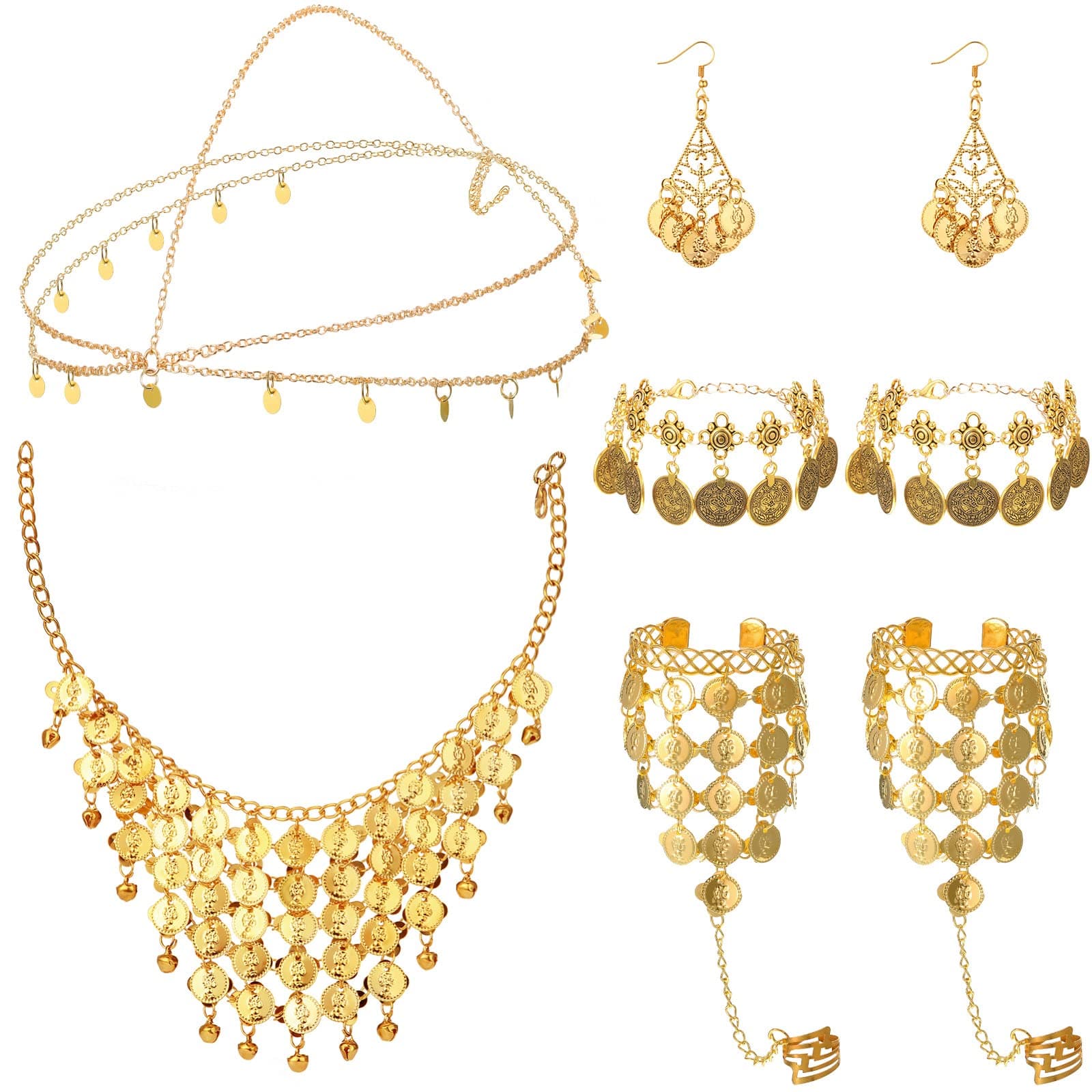 Belly Dance Jewelry Set Women Belly Dance Gold Sequins Head Chain Coins Necklace Earrings Bracelets Bohemian Tassel Anklet Chain Hand Ring Bracelet Anklet Coin Veil Necklace