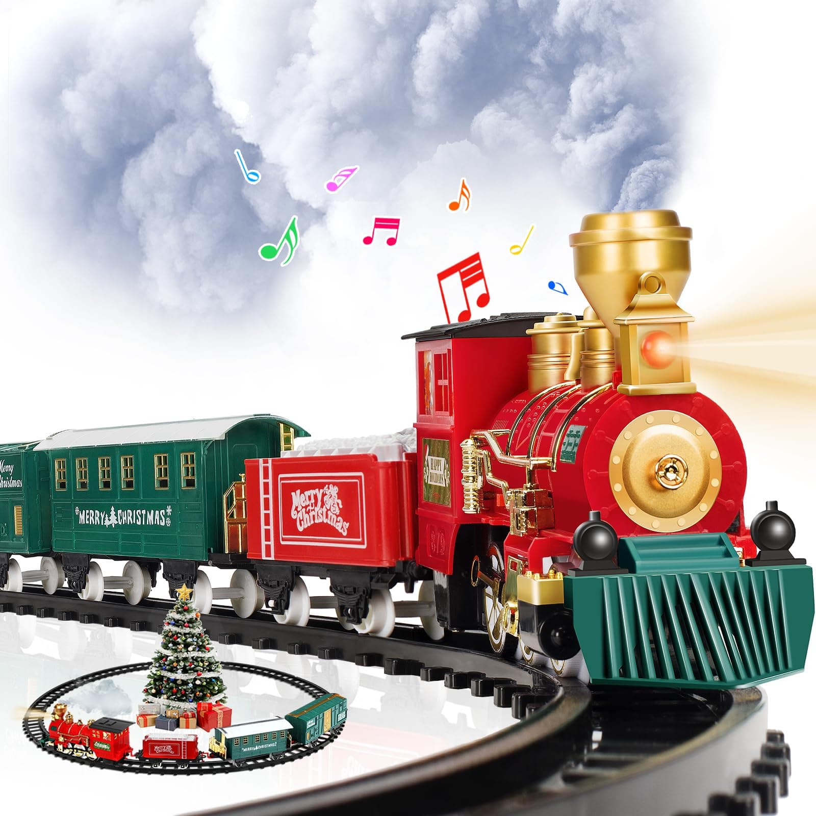 OleFunTrain Set - Christmas - Train Toys for Boys Girls & Sound, Railway Kits, Toy Train w/Steam Locomotive Engine, Cargo Cars & Tracks, for 3 4 5 6 7 8+ Year Old Kids