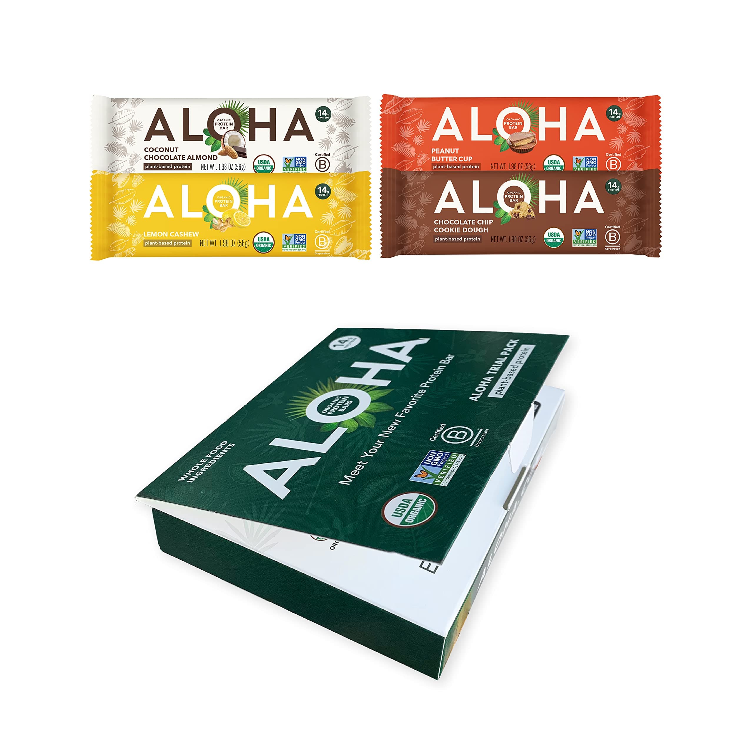 ALOHA Organic Plant Based Protein Bars Trial Pack - 4 Flavors - 1.98oz Bars - Vegan Snacks, Low Sugar, Gluten-Free, Low Carb, Paleo, Non-GMO, Stevia-Free, No Erythritol