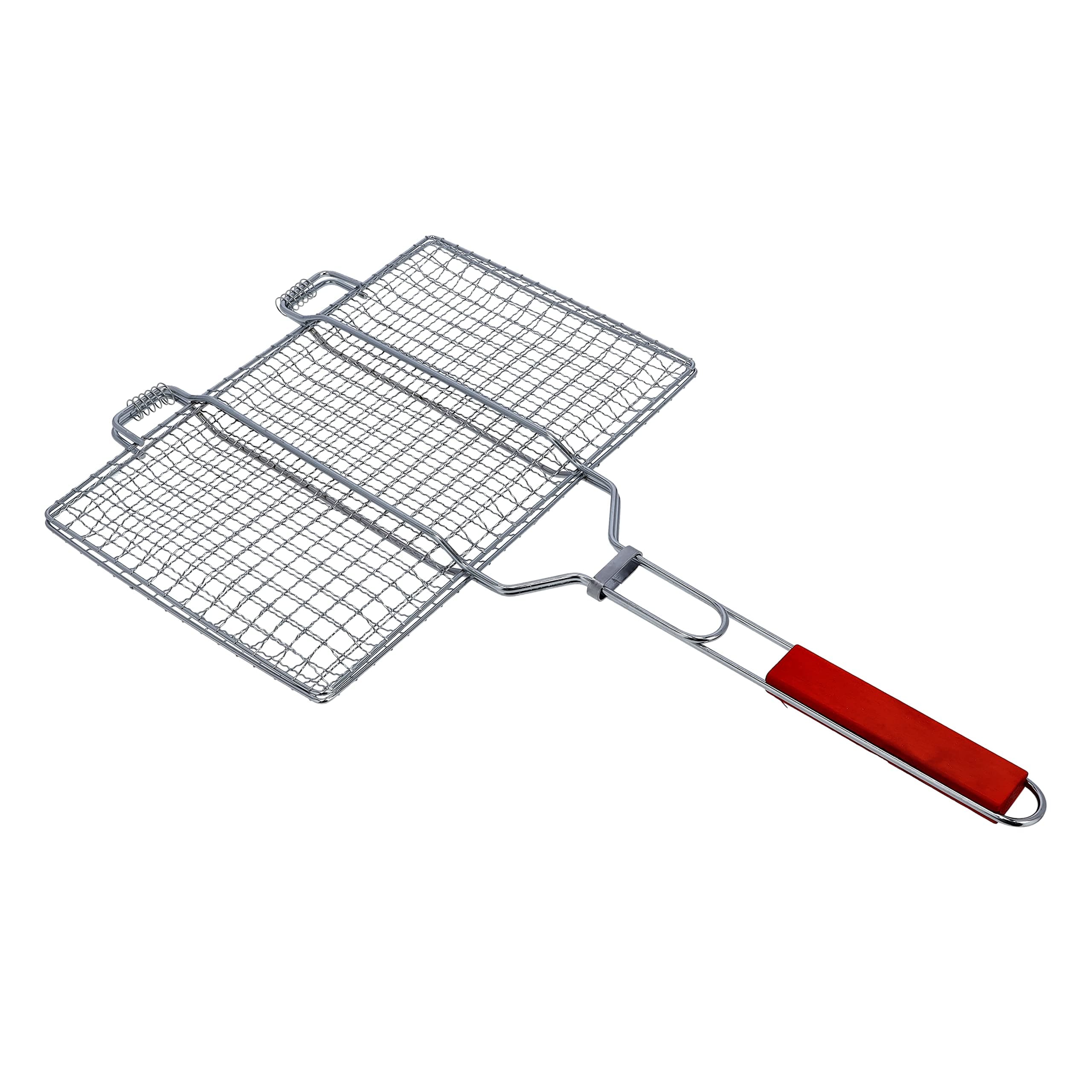 Barbeque Grill With Wooden Handle, Folding Portable Bbq Basket For Fish Vegetables Shrimp, Larger Grilling Area, Lockable Grate Silver M, RF10389