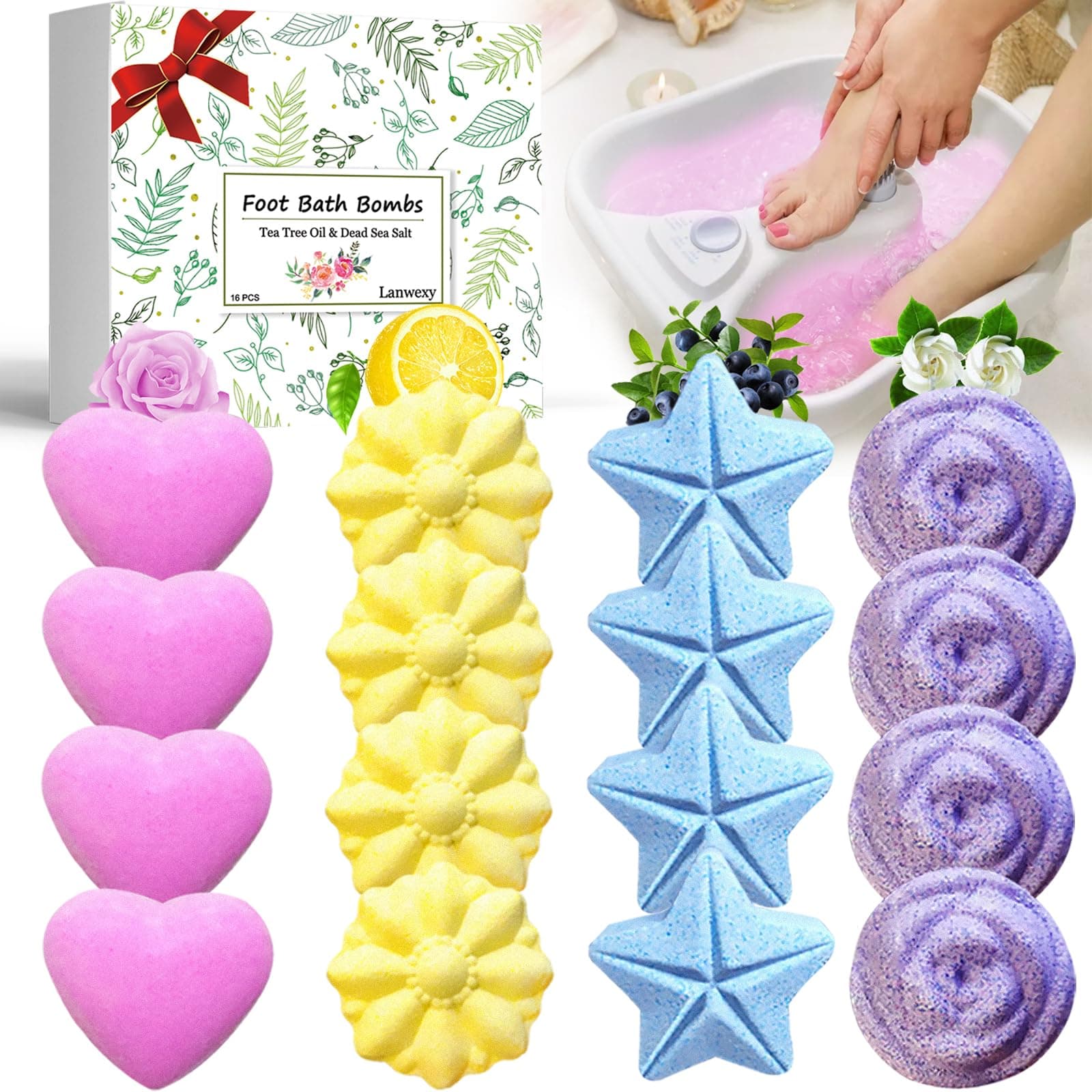 Bath Foot Bombs, 16 Pack Foot Soak with Bath Salt and Tea Tree Oil. Organic Natural Handmade Aroma Pure Essential Oil Bubble Foot Balls for Foot Callus, Dry Cracked, Stubborn Foot Odor Scent.