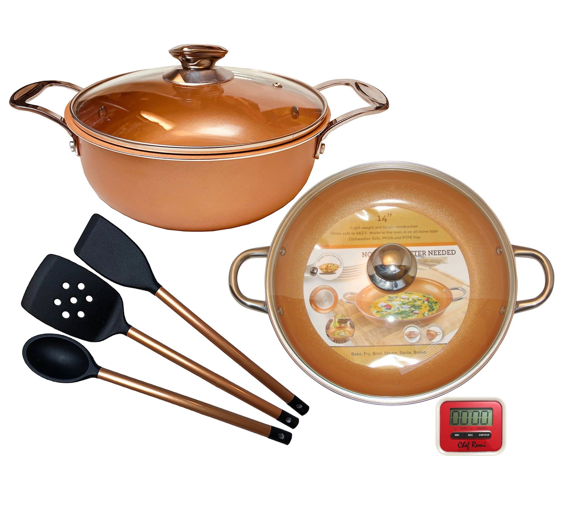 Copper Cooking 7 Pc Set- 14" Fry Pan with Glass Lid, 2.8 Qt Saucepot with Glass Lid, and Copper/Silicone Slotted Turner, Spatula and Spoon Set, plus Red Chef Remi Digital Kitchen Timer