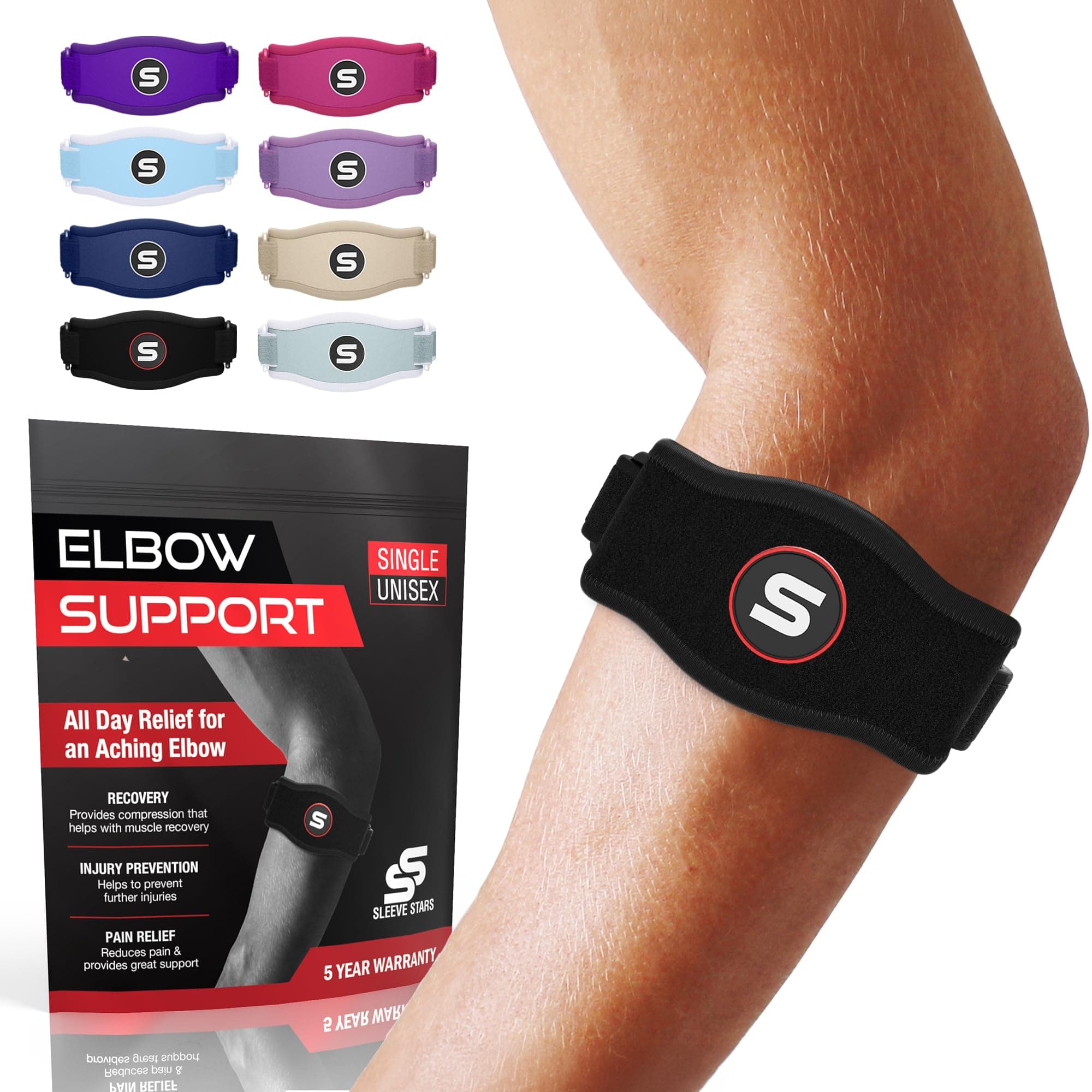 Sleeve Stars Tennis Elbow Brace for Women - Adjustable Tennis Elbow Strap, Golfers Elbow Brace for Men, Counterforce Brace for Tendonitis Relief, Fits 9"-23" (Pair/Black)