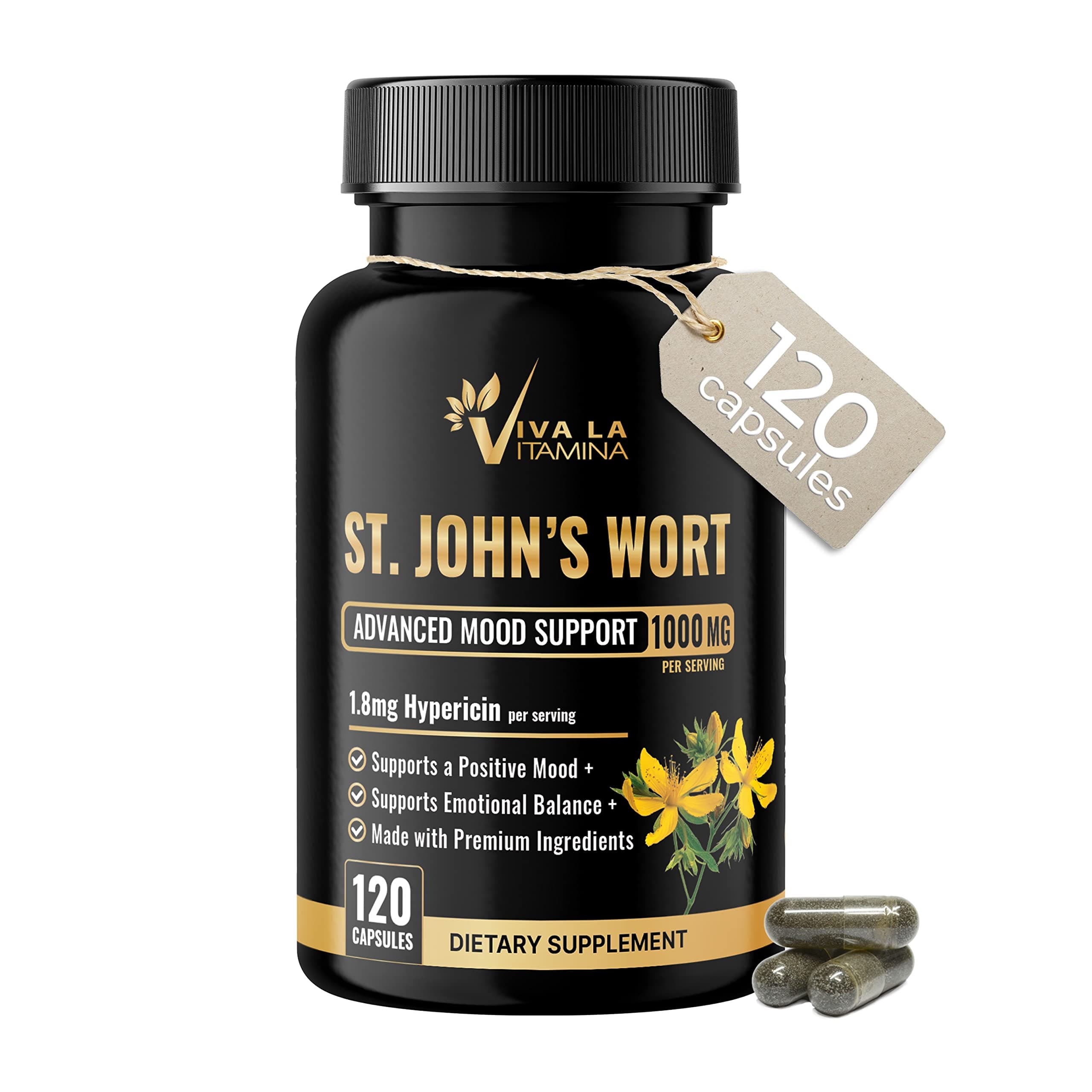 St. John’s Wort Supplement 1000mg per Serving - Advanced Mood and Brain Support for Natural Calm with Concentrated 0.3% Hypericin (Hypericum Perforatum), Non-GMO (120 Capsules)