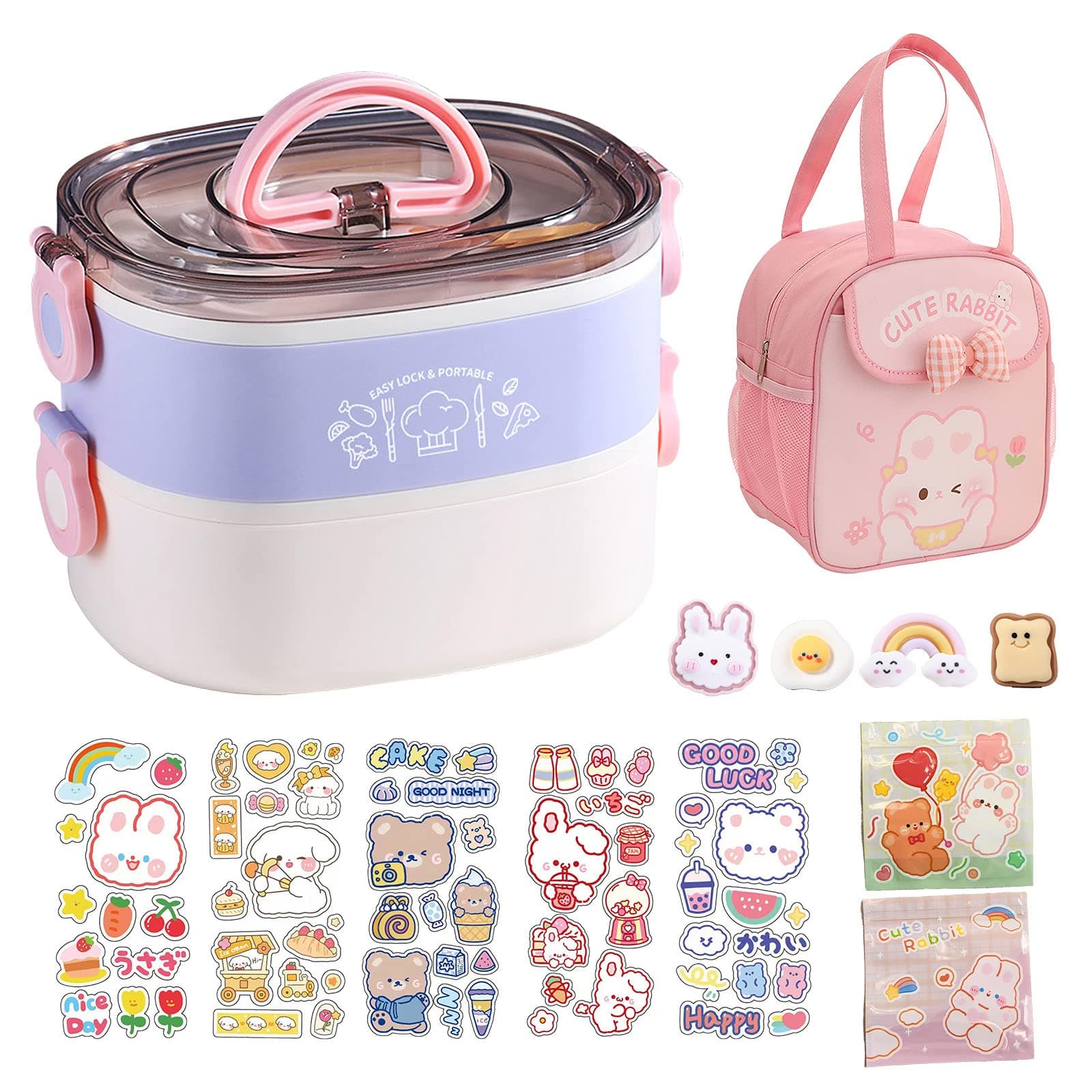 Kawaii Bento Box Bento Lunch Box with Lunch Bag,Tableware,Biscuit bags,2 Layers Stacked Leakproof Cute Lunch Box,for Travel,Office,Gym. (purple)