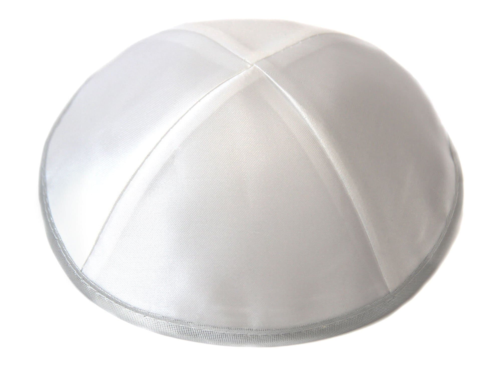 Satin Kippah Yarmulke Skull Cap, White with Silver Trim - Elegant Kippot - Pack of 4