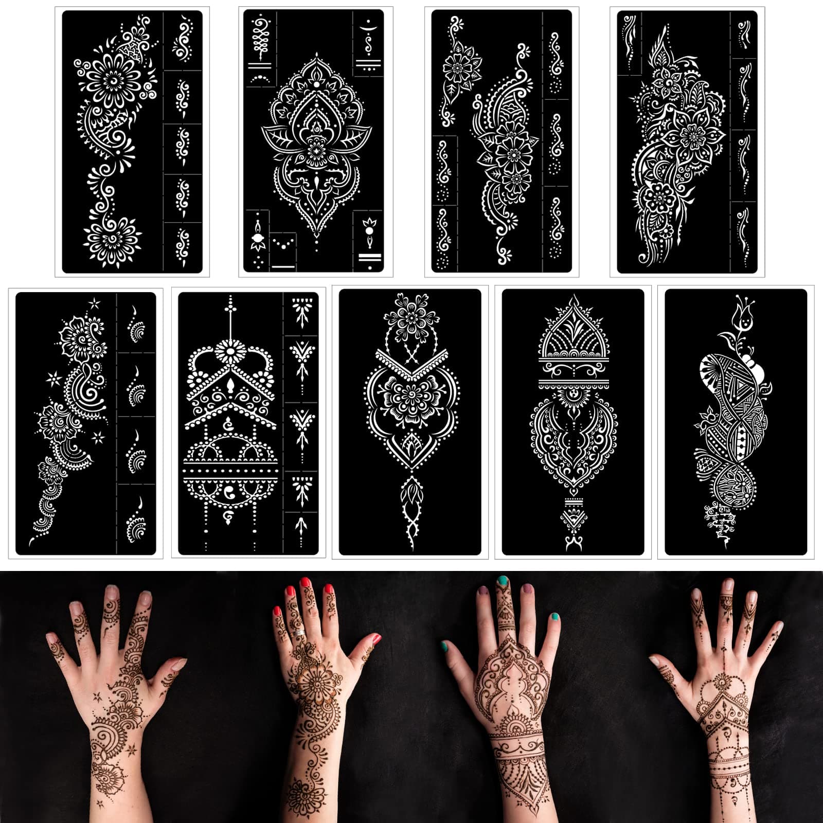 Henna Tattoo Stencils kit ,Reusable Henna Stencils for Hand Forearm Glitter Airbrush DIY Tattooing Template, Indian Temporary Tattoo Stickers for Women Girlsï¼Ë†8.2" x 4.7"ï¼â€°