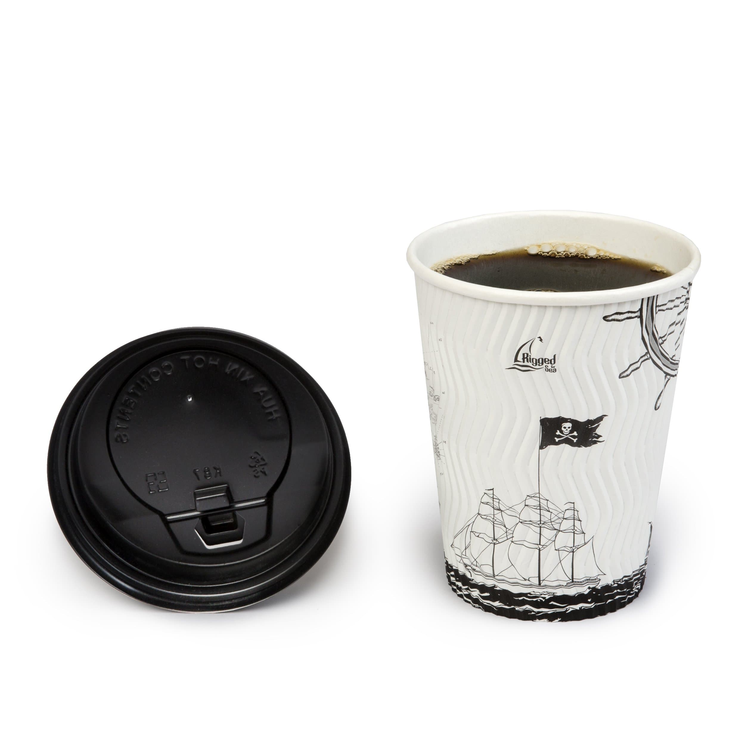 Nautical Ships And Pirate Art- Premium 12-Oz Ripple Wall Hot Paper Cups With Lids - Disposable Coffee Cups – 50 Count