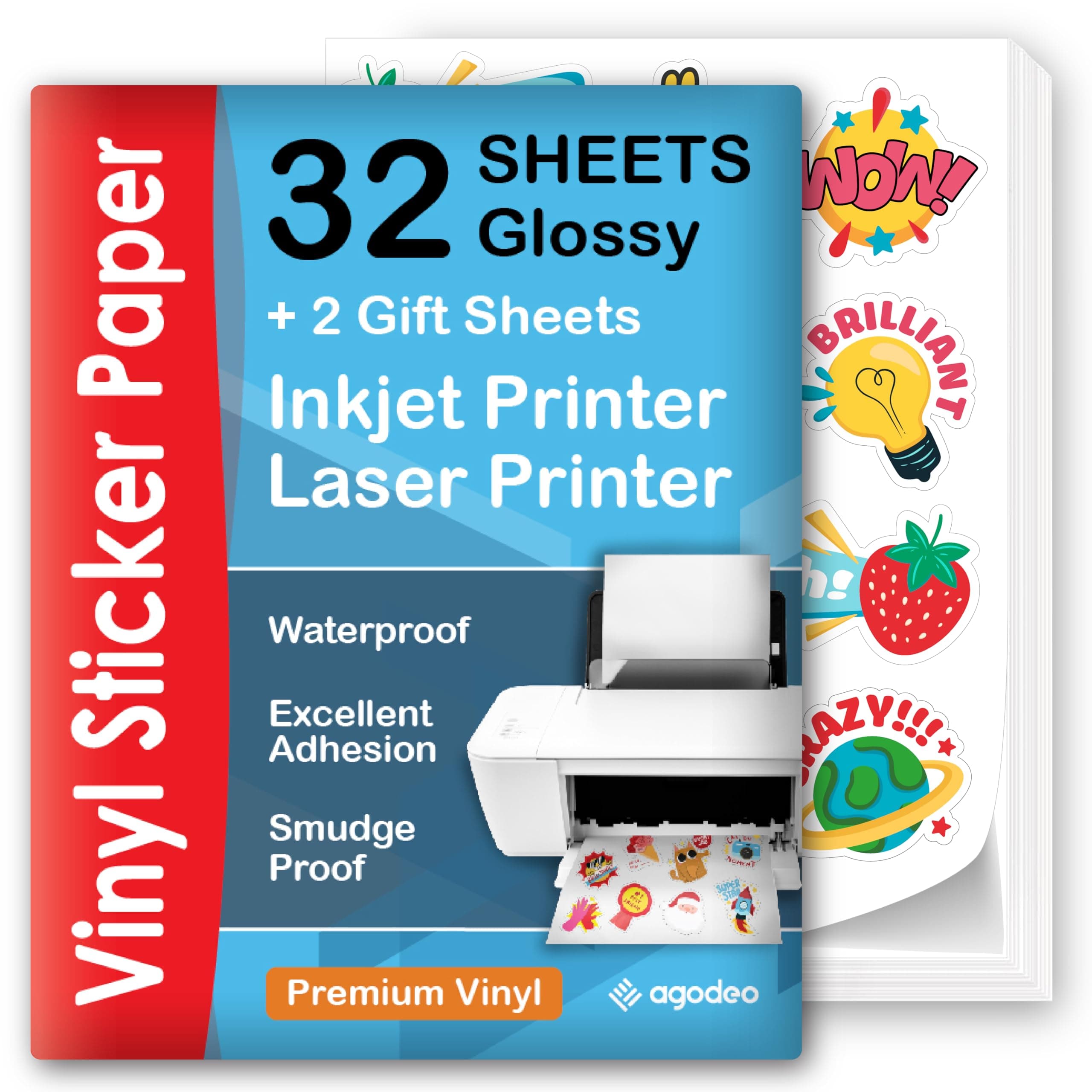 Premium Printable Vinyl Sticker Paper for Inkjet & Laser Printer - 32 Sheets Self-Adhesive Sheets Glossy White Waterproof, Dries Quickly Vivid Colors, Holds Ink well- Tear Resistant (Glossy)