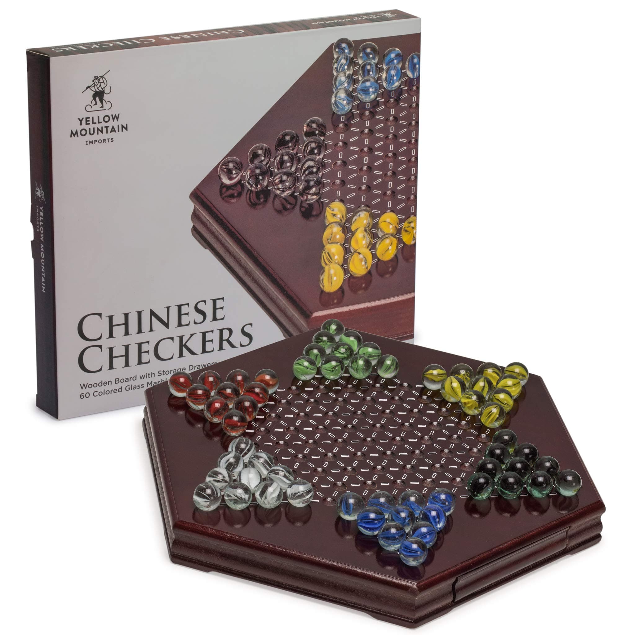 Wooden Chinese Checkers Halma Board Game Set (30.5 Centimeters) with Storage Drawer and 60 Colored Glass Marbles (14mm) - Classic Strategy Game