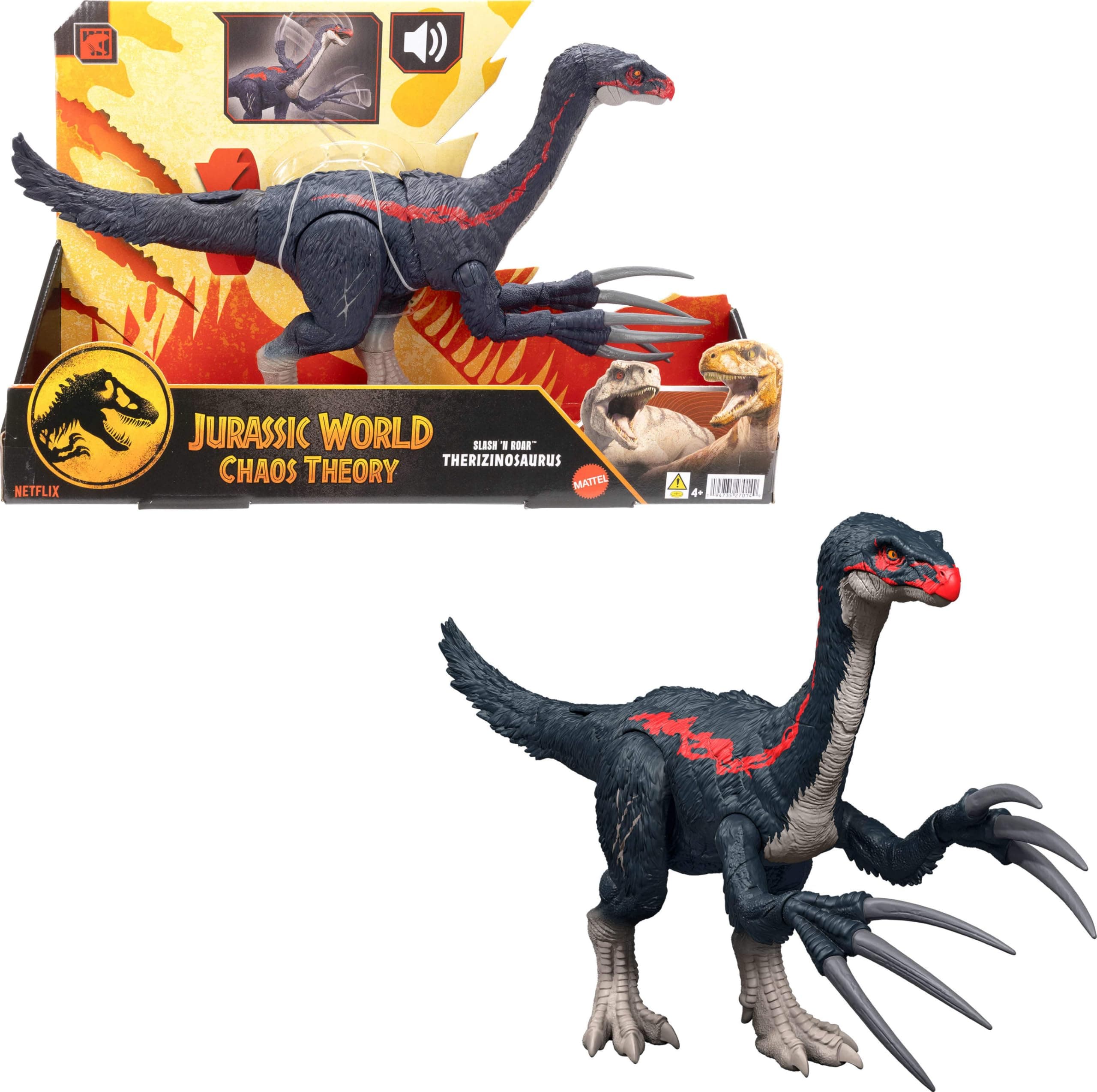 Mattel Jurassic World Chaos Theory Attack and Roar Sounds Therizinosaurus Dinosaur Action Figure, Claw Attack and Roar Sound, Digital Fun, JCG17, [Multi-Colour]
