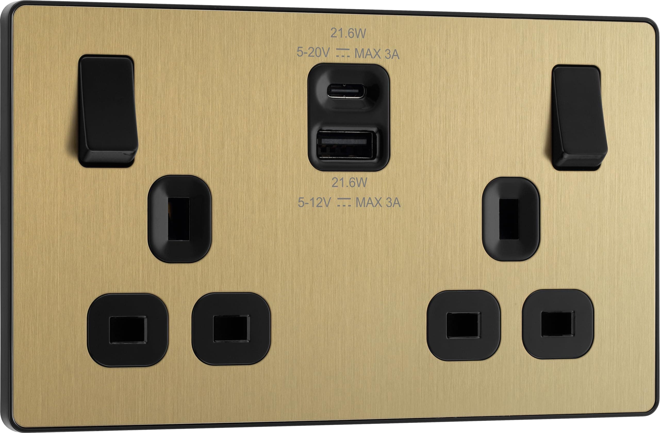 BG Electrical Double Switched Power Wall Plug Socket with Fast Charge Type A and Type C USB Charging Ports, Evolve, Satin Brass, 13A, 22W, PCDSB22UAC22B