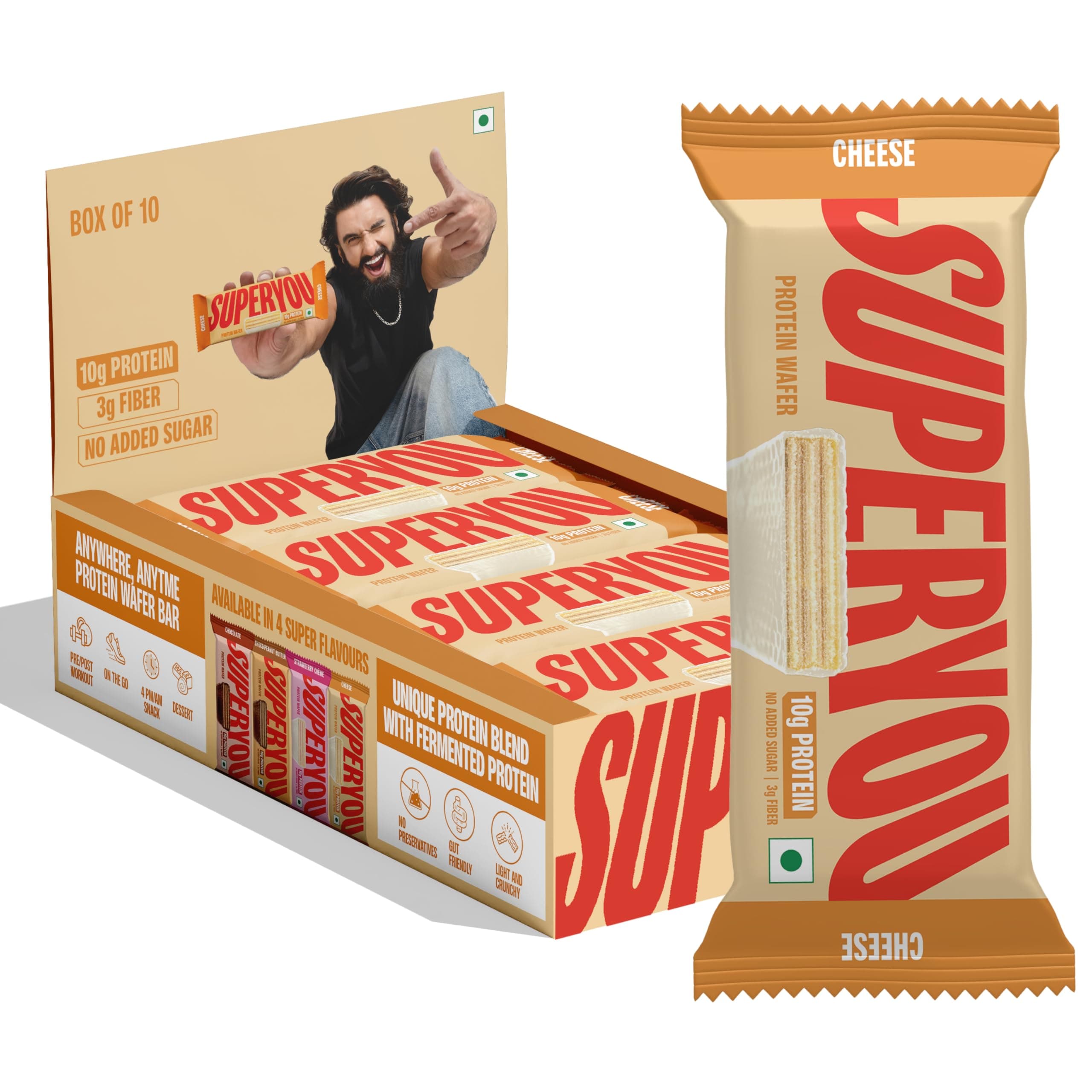 SuperYou Cheese Protein Wafer Bars (Pack of 10)|10g Protein, 3g Fiber, No Added Sugar|Yeast Fermented Protein|Energy Bars|Crunchy Wafer Bar|100% Vegetarian|No Palm Oil|400g