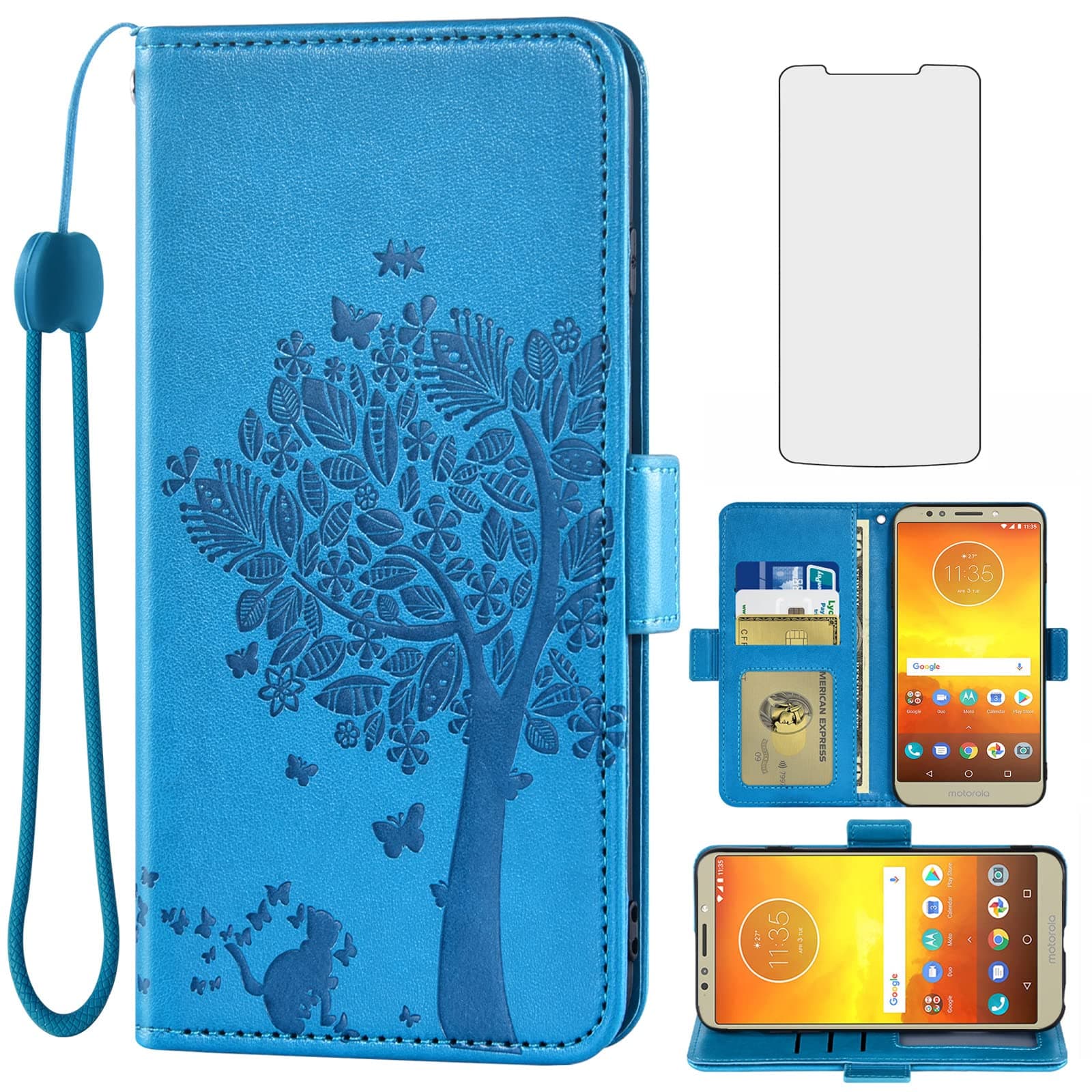 Asuwish Compatible with Moto E5 Plus E 5 Supra Wallet Case and Tempered Glass Screen Protector Flip Wrist Strap Card Holder Cell Phone Cover for Motorola E5+ MotoE5plus 5E 5th Generation E5plus Blue