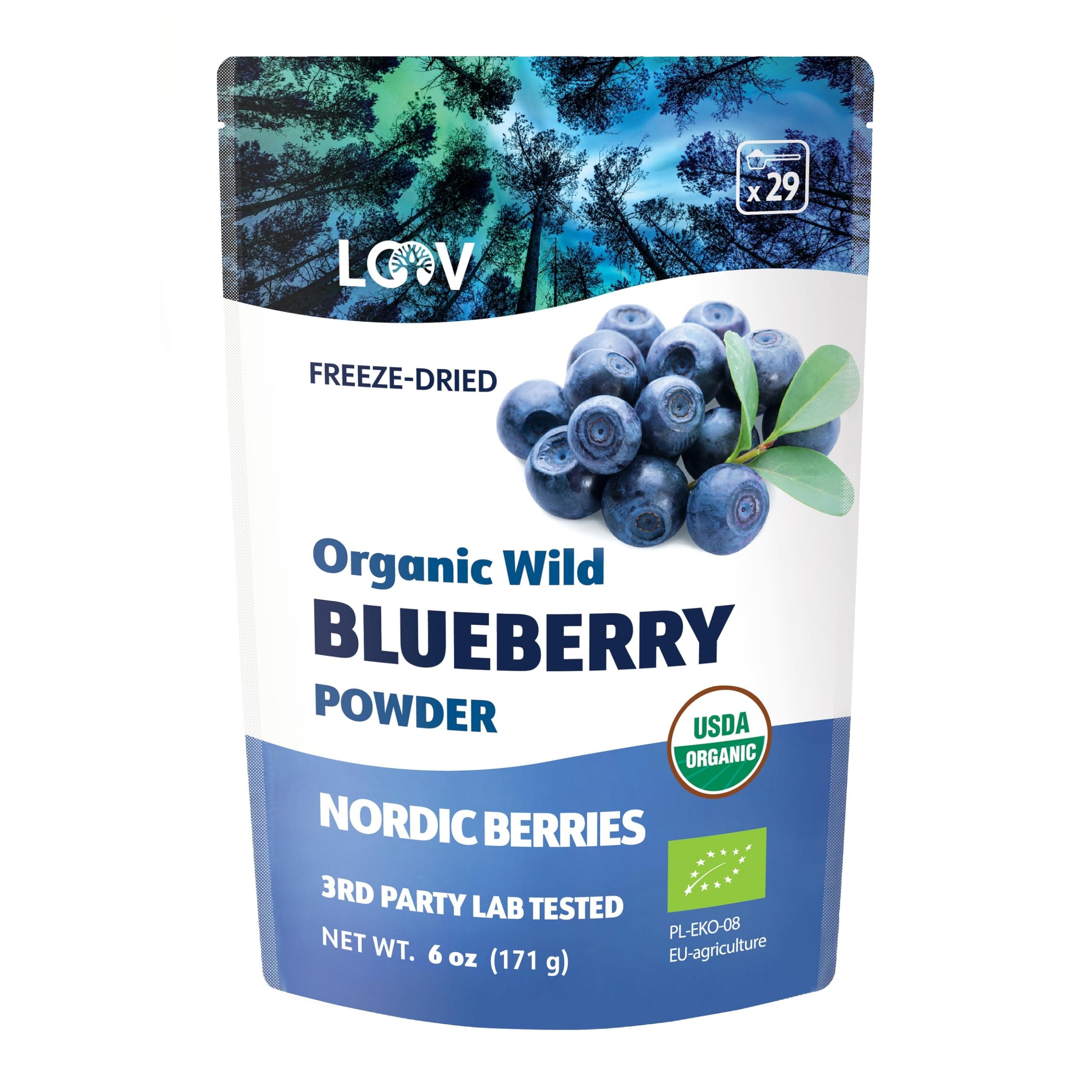 Organic Wild Blueberry Powder - 29-Day Supply, 6 Oz, Good for Smoothie & Breakfast, Freeze-Dried, from Northern Europe, No Added Sugar