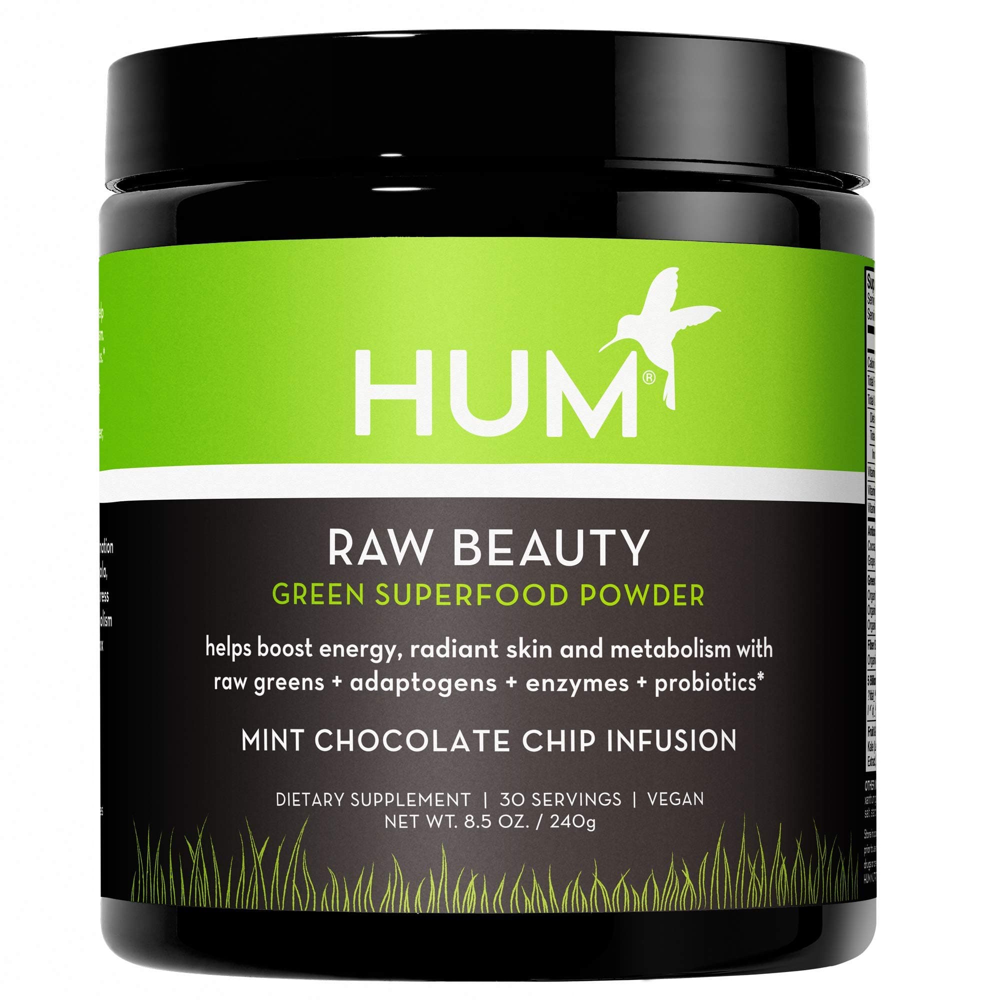HUM Raw Beauty Greens Superfood Powder - Spirulina & Vegan Probiotic Powder with Adaptogens + Enzymes - Promotes Radiant Skin, Energy & Healthy Metabolism (240g / 30 Servings)
