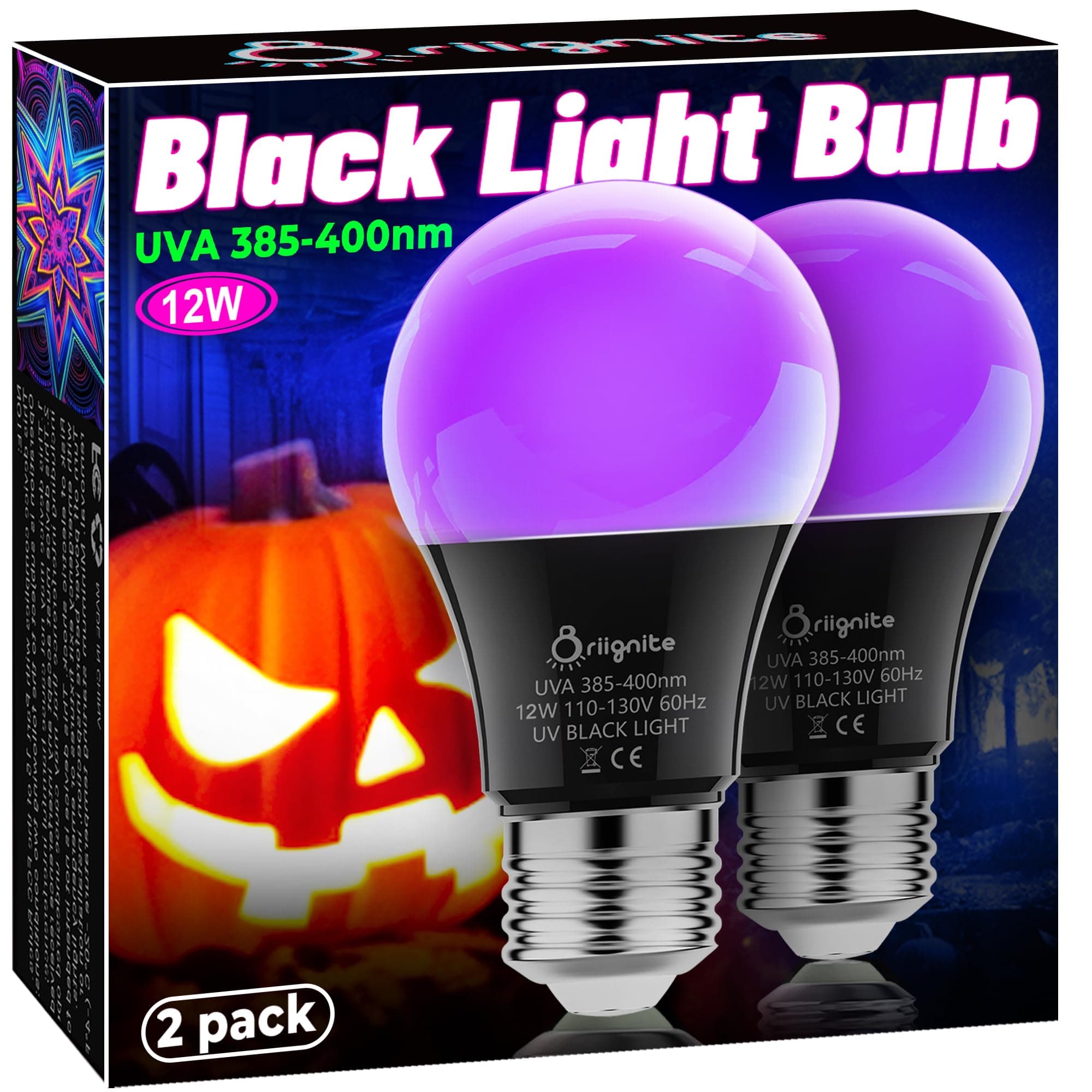 Briignite Black Light Bulbs, 12W LED Black Light Bulb for Halloween Decoration, UVA 385-400nm UV Black Light, A19 Blacklight Bulb for Glow in Dark, Body Paint Fluorescent Poster Glow Party, 2 Pack