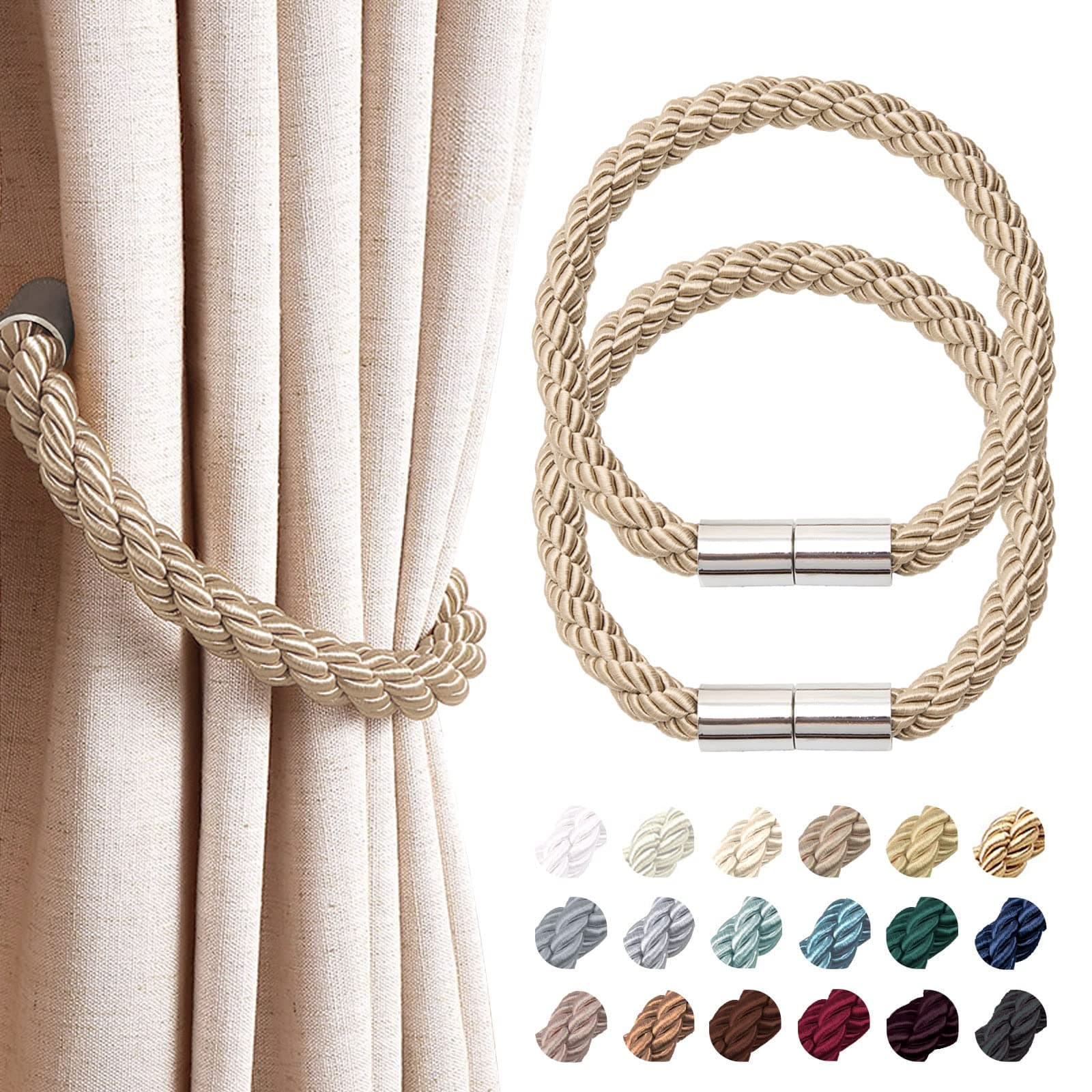 NICEEC 2 Pack Magnetic Curtain Tiebacks Modern Simple Style Drape Tie Backs Convenient Decorative Weave Rope Curtain Holdbacks for Thin or Thick Home & Office Window Draperies (Khaki)