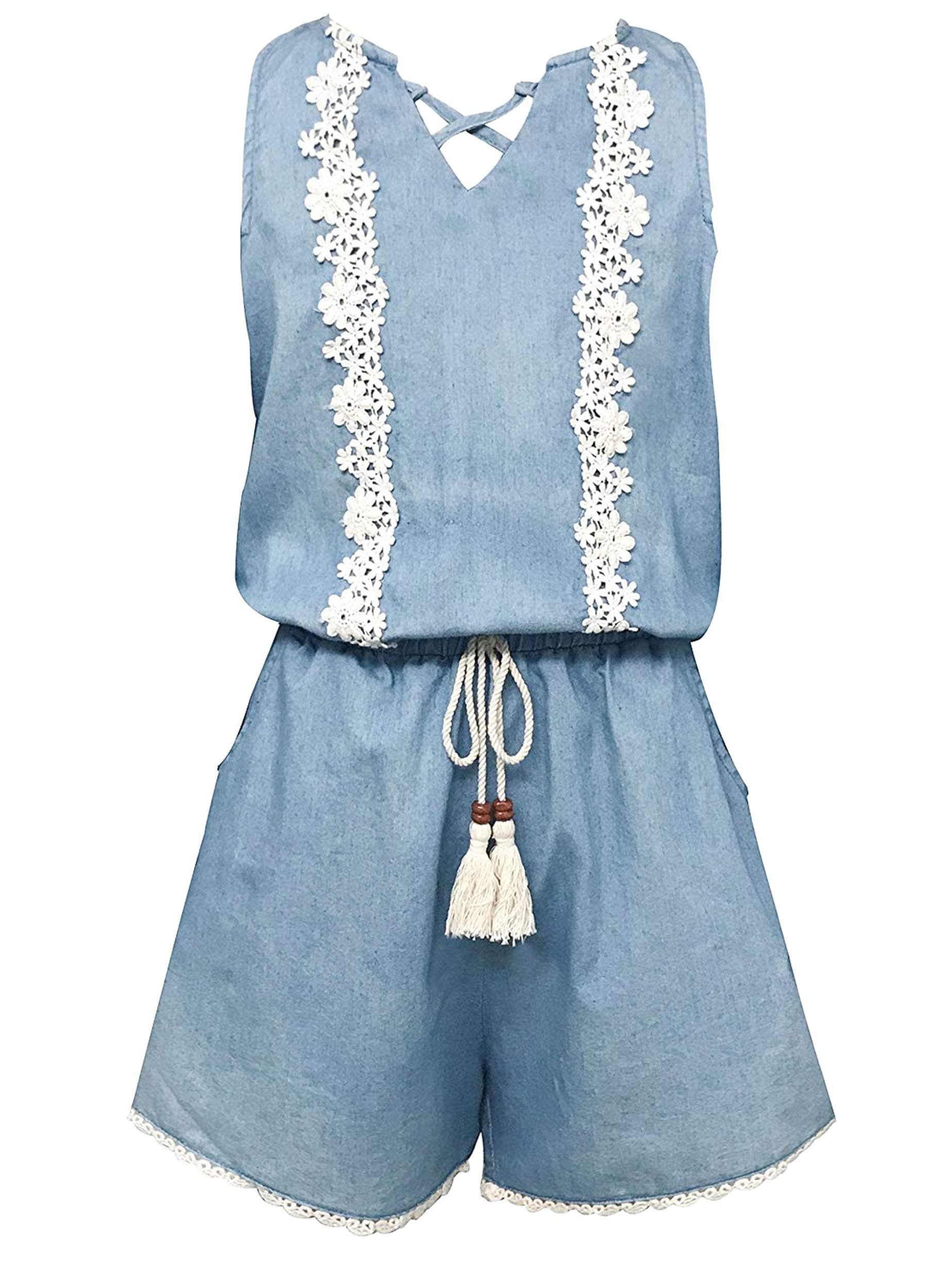 Smukke, Big Girls Vintage Lace Trimmed Romper with Pockets (Many Options), 7-16