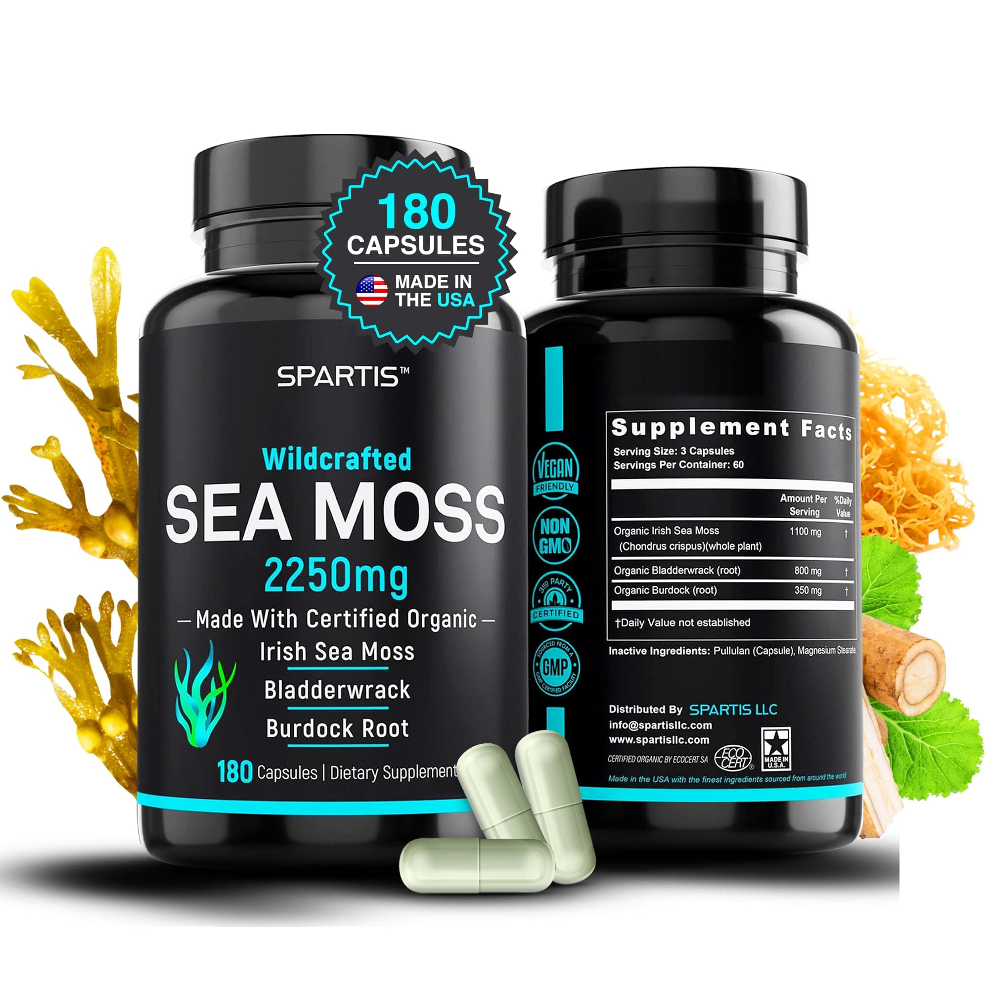 Certified Organic Sea Moss Capsules 2250mg Wildcrafted Irish Sea Moss Burdock Root Bladderwrack Supplement Raw Seamoss Pills & Powder (Pack of 1 at 180-Caps)