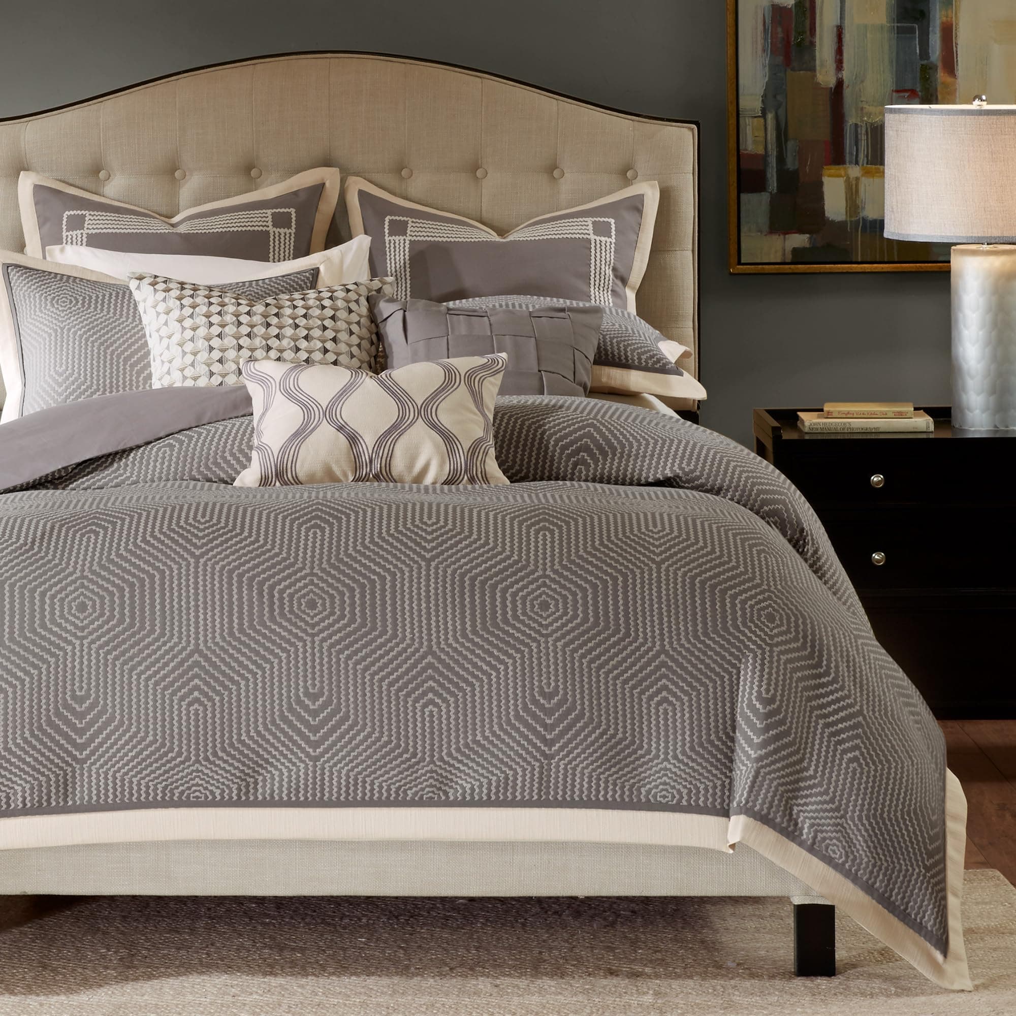 Madison Park Signature Cozy Comforter Set - All Season Bedding Combo Filled Insert and Removable Duvet Cover, Shams, Decorative Pillows, King (110 in x 96 in), Geometric Grey 10 Piece