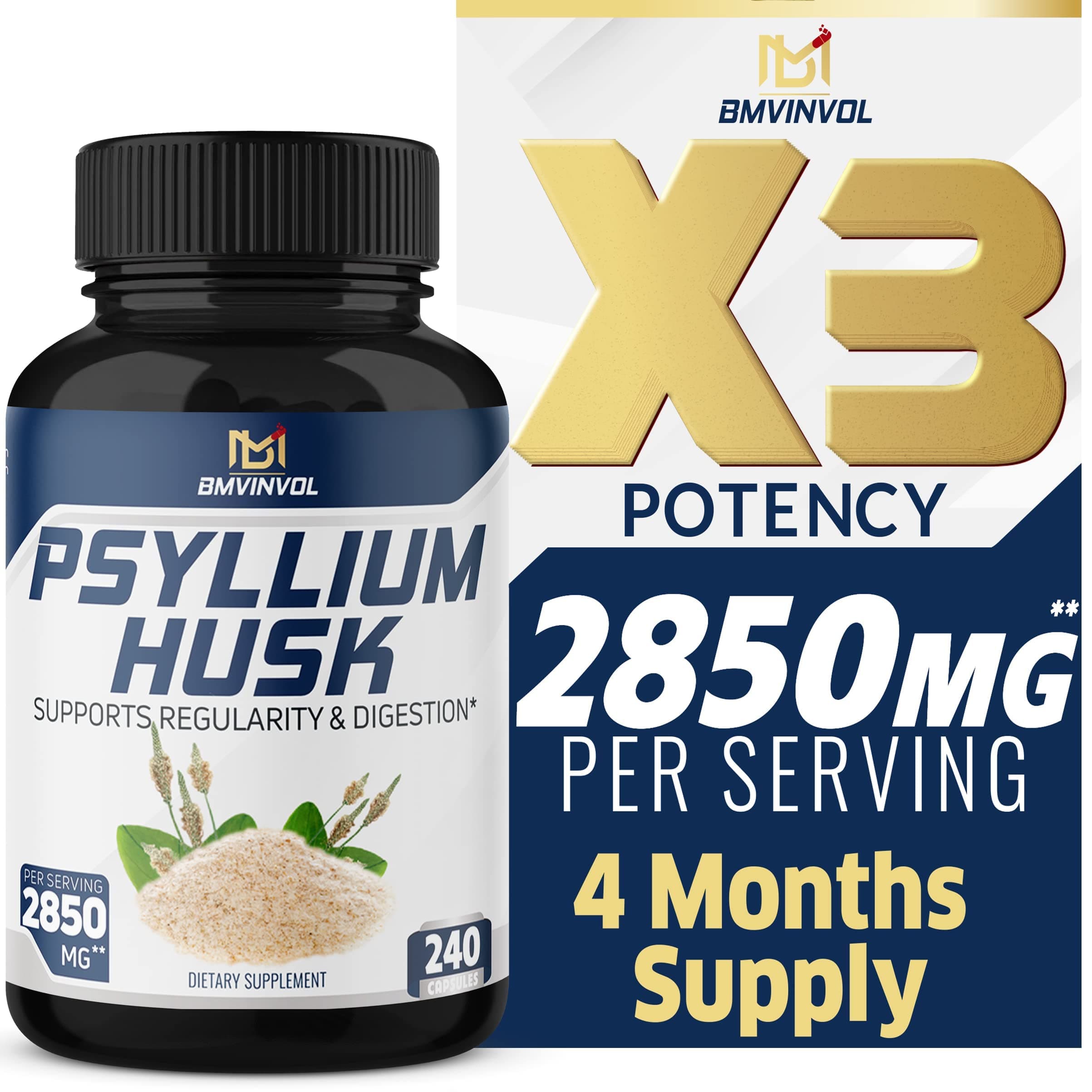 BMVINVOL Premium Psyllium Husk Capsules 2850mg - 4 Months Supply - Fenugreek, Turmeric, Ginger - Supports Digestive Health and Regularity - 240 Capsules