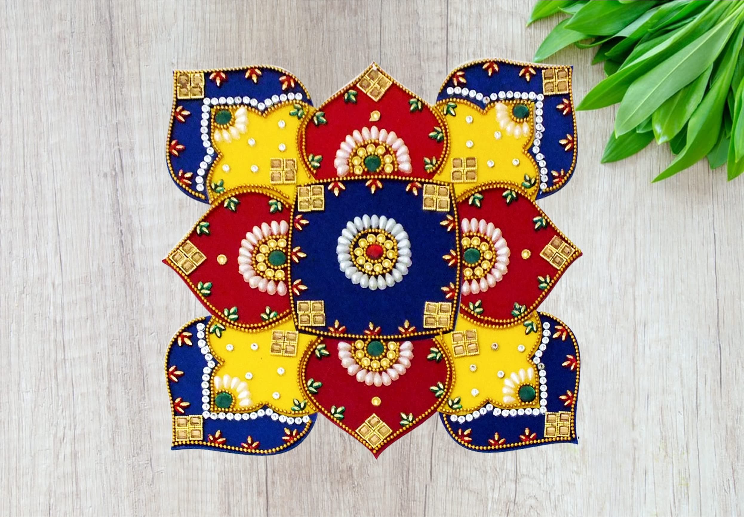Rangoli Arts Ethnic Acrylic Designer Multi Colour Festival Rangoli Handcrafted Decorative Diwali Rearrangeable Kundan Rangoli for Floor Decoration (15.5 Inches)