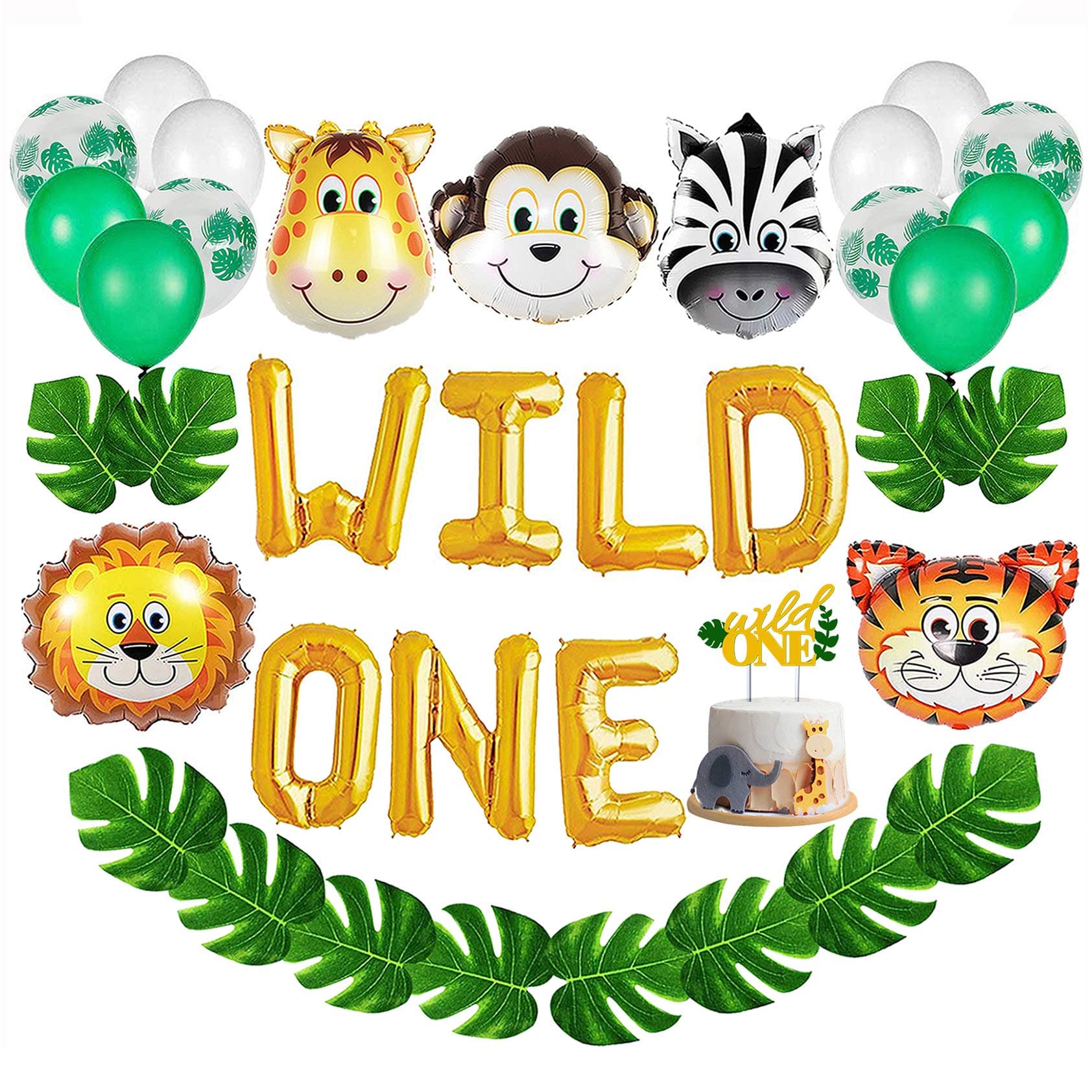 Wild One Birthday Decorations Kit,16 INCH WILD ONE Balloons with 12 PCS Artificial Palm Leaves,Baby Girl Boy 1st Bday Party Supplies With Animal Balloons,Safari Zoo Jungle Themed 1st Bday Decorations.