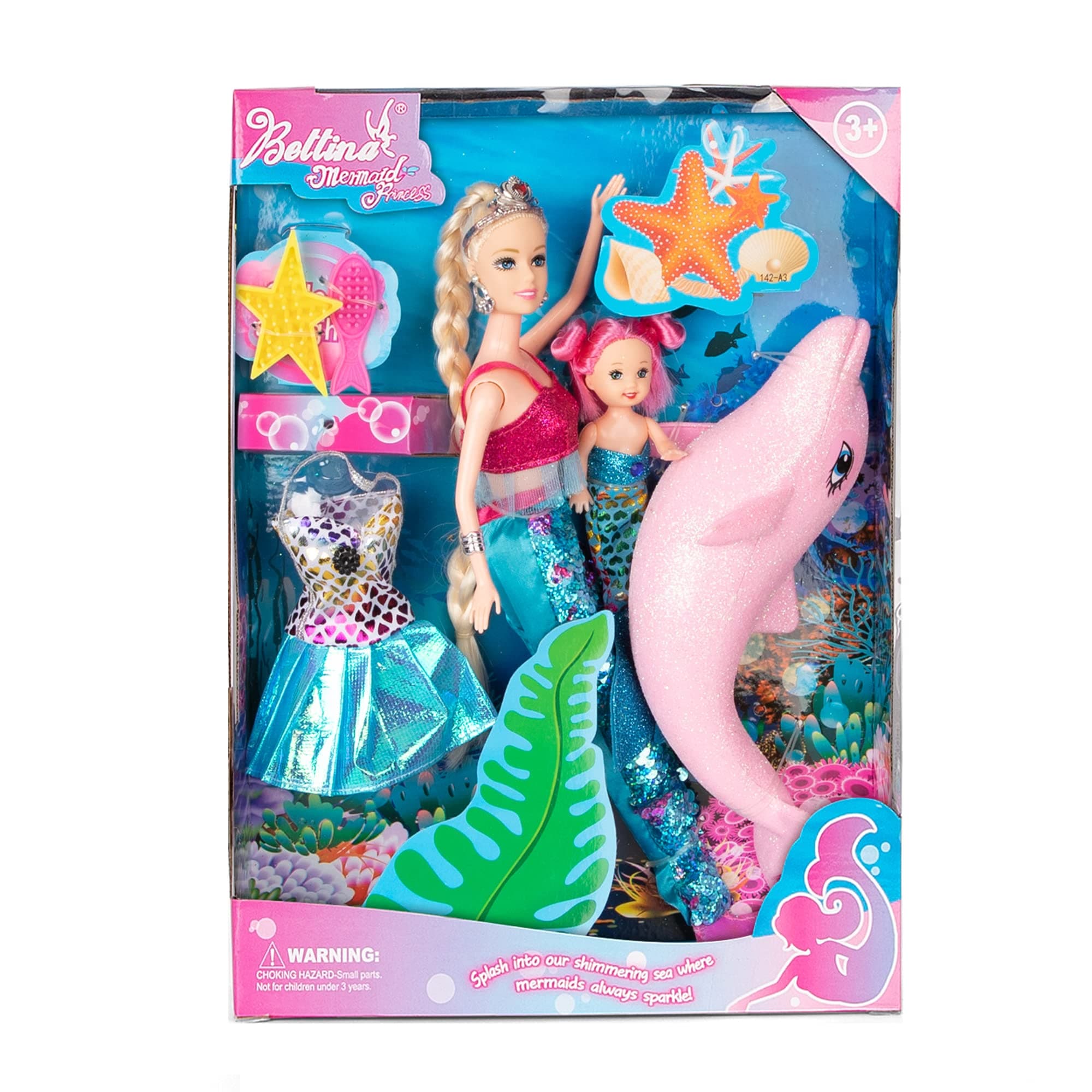 Yellow River2023 Mermaid Princess Doll Playset, Color Changing Mermaid Tail by Reversing Squins, 12" Fashion Dress Doll with 3" Little Mermaid Dolphin and Accessories, Mermaid Gift for Girls