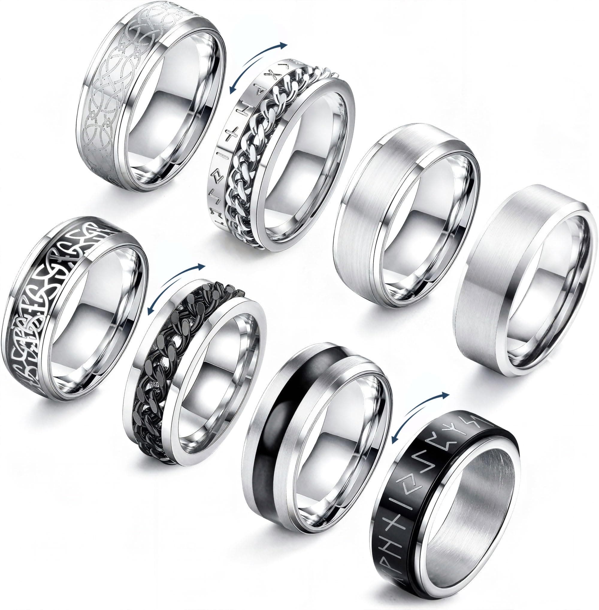 JeryWe 8 Pcs Stainless Steel Rings for Men High Polished Mens Band Wedding Engagement Fidget Rings Vintage Spinning Rings Size 7-13