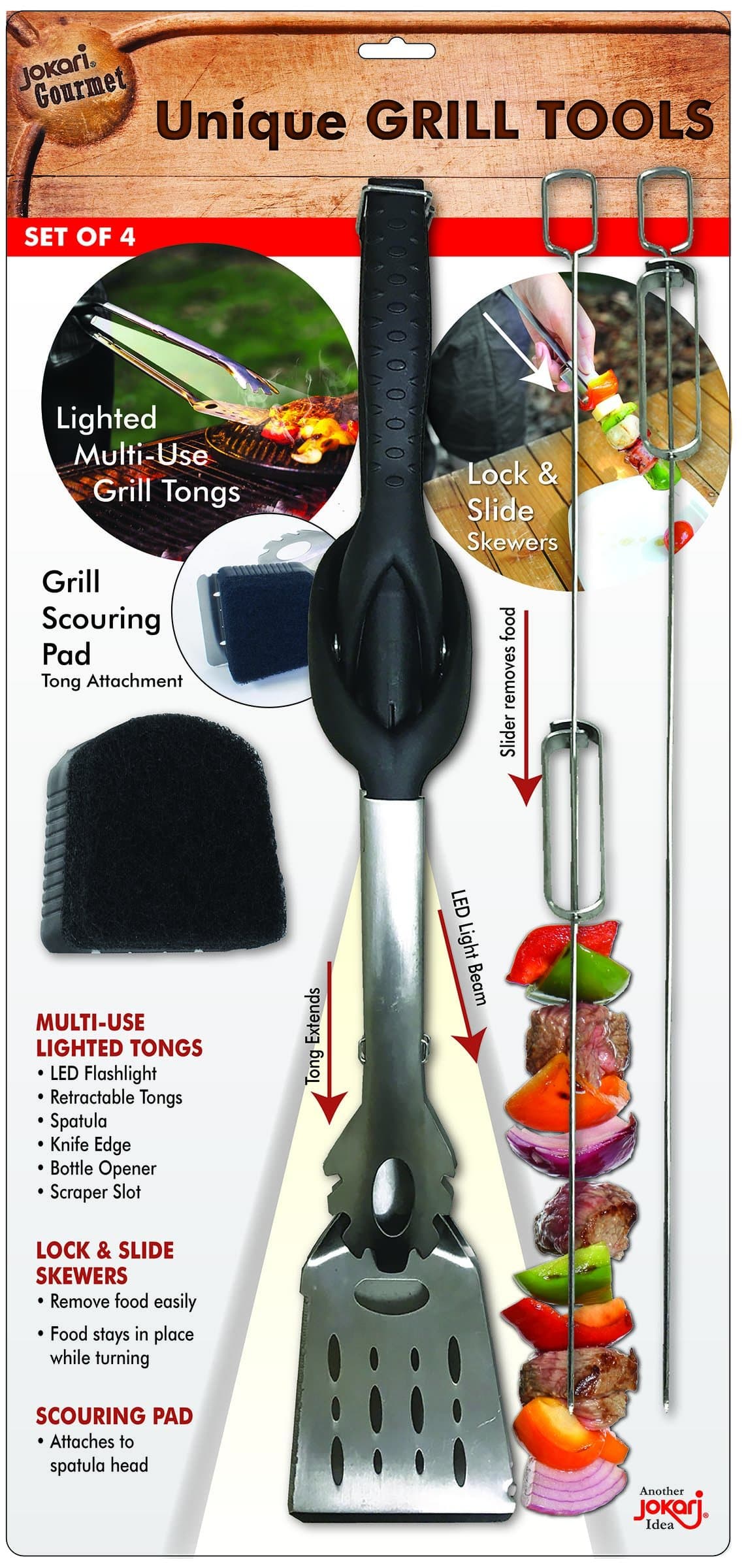 Jokari Pro Grade 6 in 1 Lighted Grill Set. All In One Industrial Strength Tool Includes Easy Grip Handle, Spatula, Adjustable Tongs, Knife Blade, Scraper, LED Flashlight, BBQ Skewers and Bottle Opener