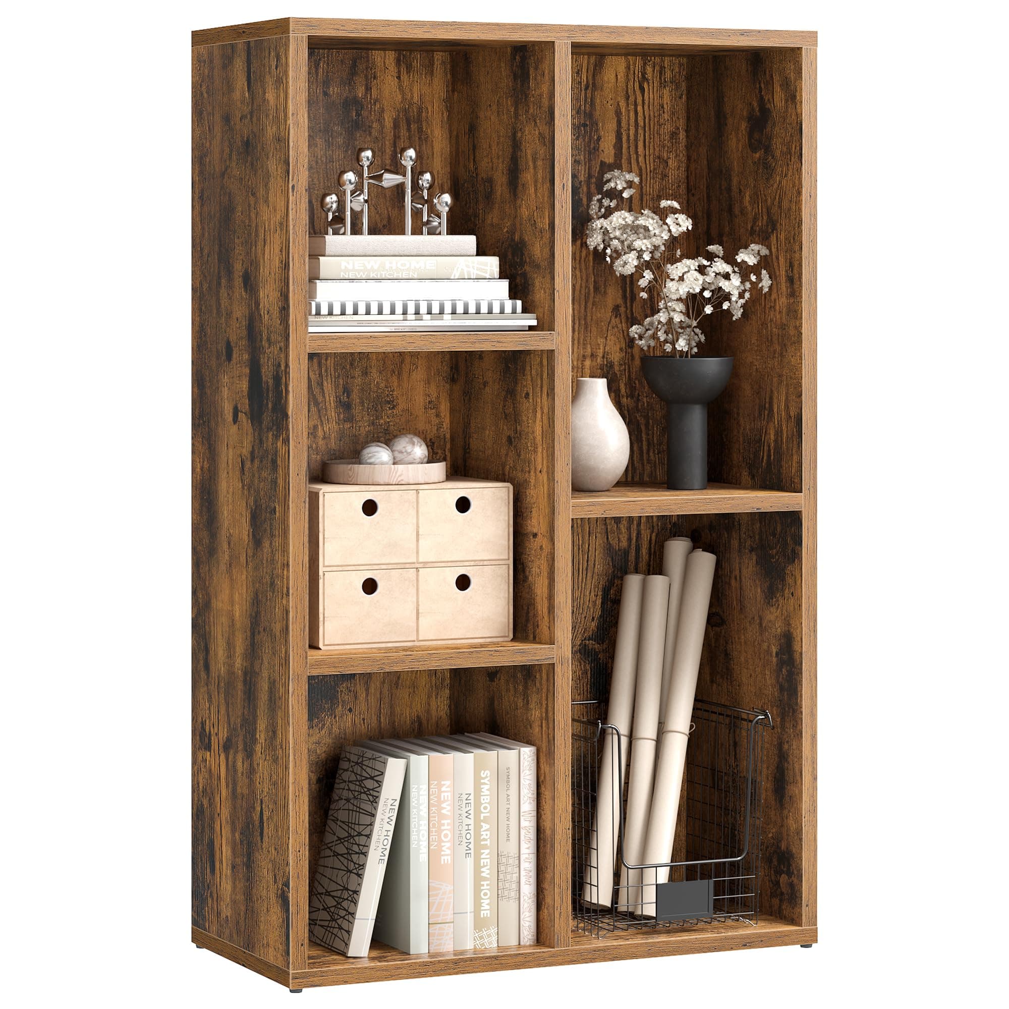 VASAGLE Bookcase, Bookshelf, Storage Shelf with 5 Compartments, Standing Shelf, Cube Shelf, for Living Room, Home Office, Dinning Room, Rustic Brown LBC025X01