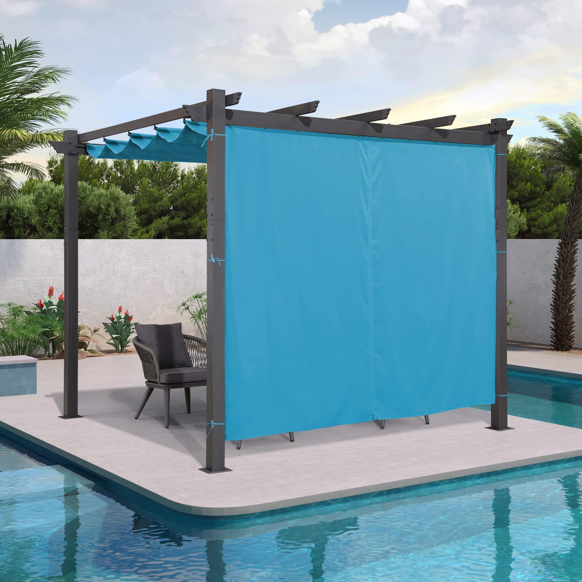 PURPLE LEAF Outdoor Curtains Privacy for 10' Side Pergola with Grommets and Rod Outside Porch Shade Patio Deck Retractable Replacement Gazebo Cabana Curtain Set of 2 Panels 49 x 82 inch Turquoise Blue