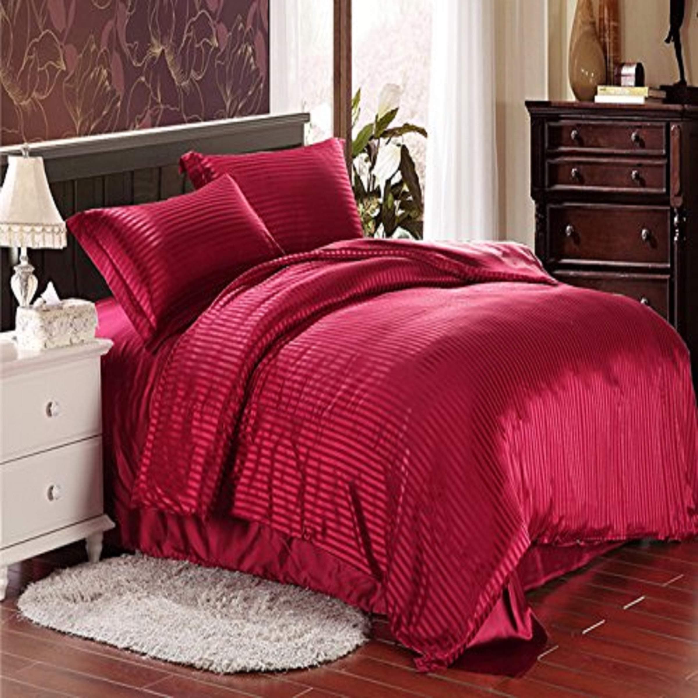 Akshaan Texo Fab Platinum Superior Elegant 300 TC Cotton Double Bedsheet Cum Bed Spread with 2 Pillow Covers - Striped, Maroon