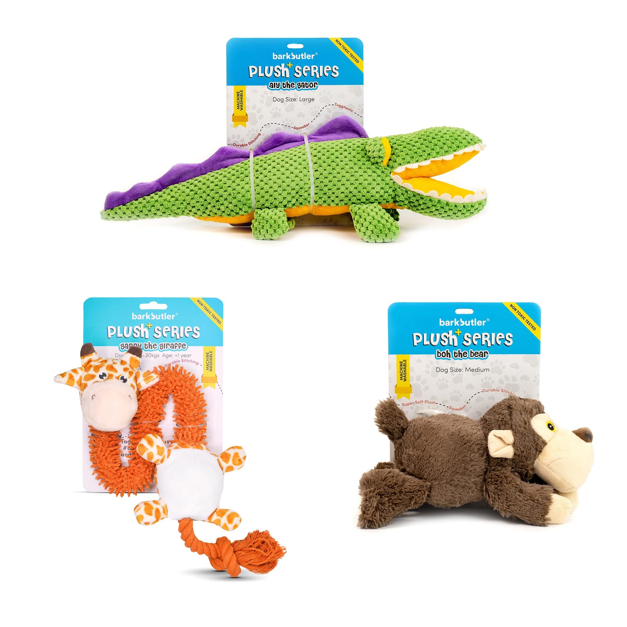BOH The Bear + Aly The Gator + Garry The Giraffe Soft Squeaky Plush Dog Toy | Machine Washable | Reinforced Fabric | Non-Toxic | Durable Pet Toy | Cuddle, Play, Train, Chew, Tug