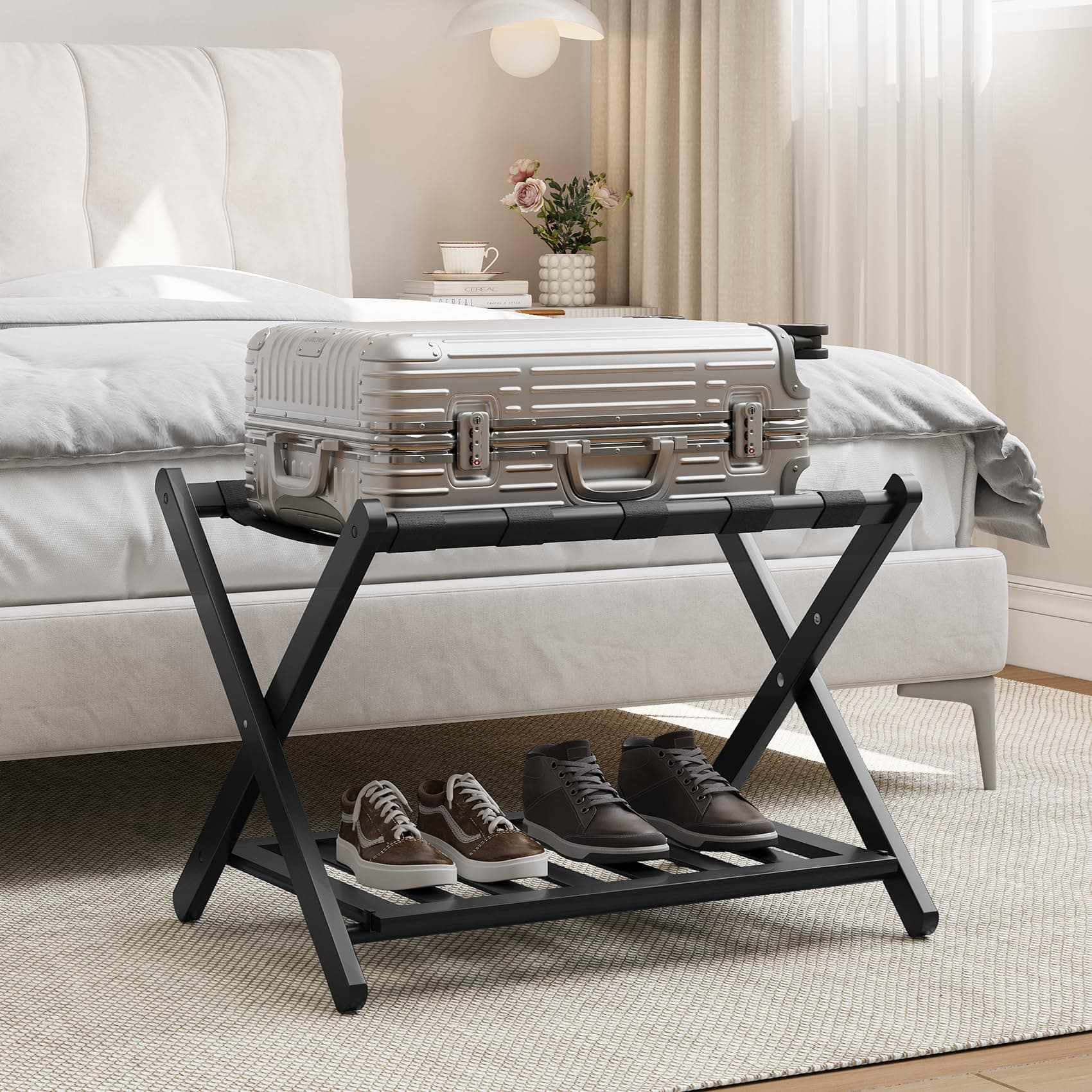 Suitcase Stand Folding Luggage Rack 2-Tier Luggage Stand with Shelf (Espresso)