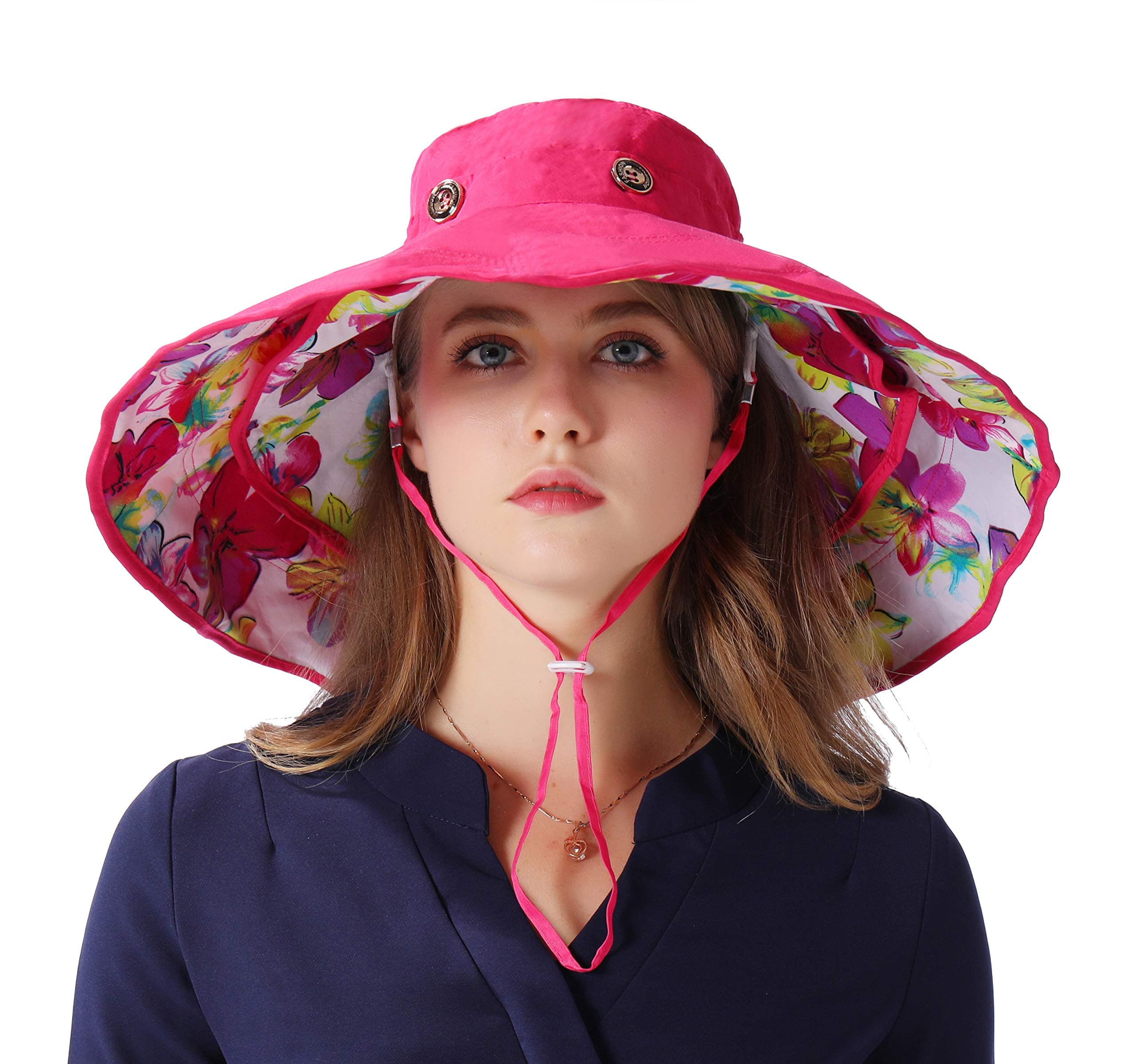 Packable Extra Large Brim Floppy Sun Hat Reversible UPF 50+ Beach Sun Bucket Hat (Rose Red Flower)