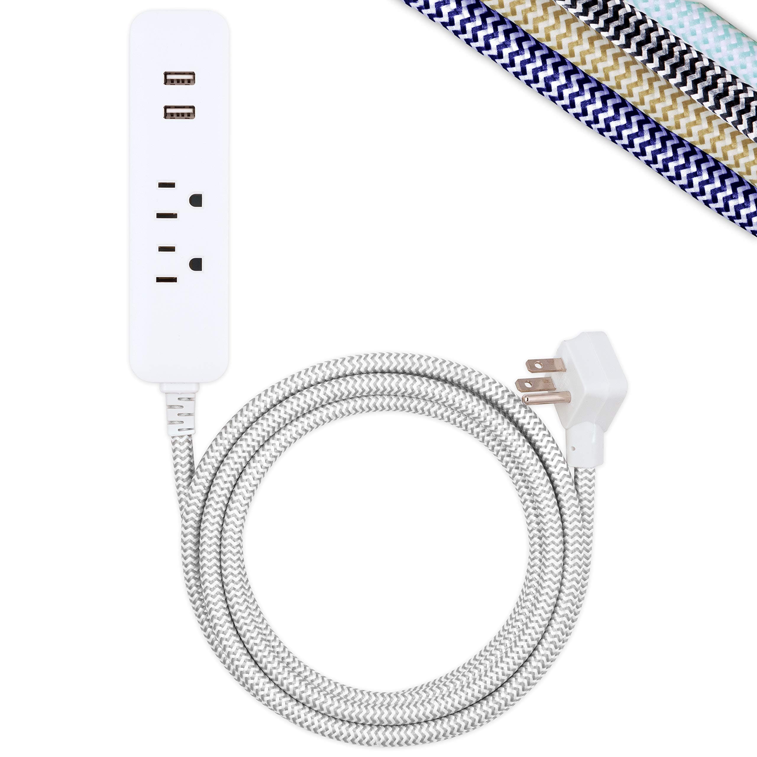 Cordinate Surge Protector Power Strip, 2 Outlet 10 Ft Braided Cord Power Strip with USB Ports, 3-Prong Flat Plug, White, 41691