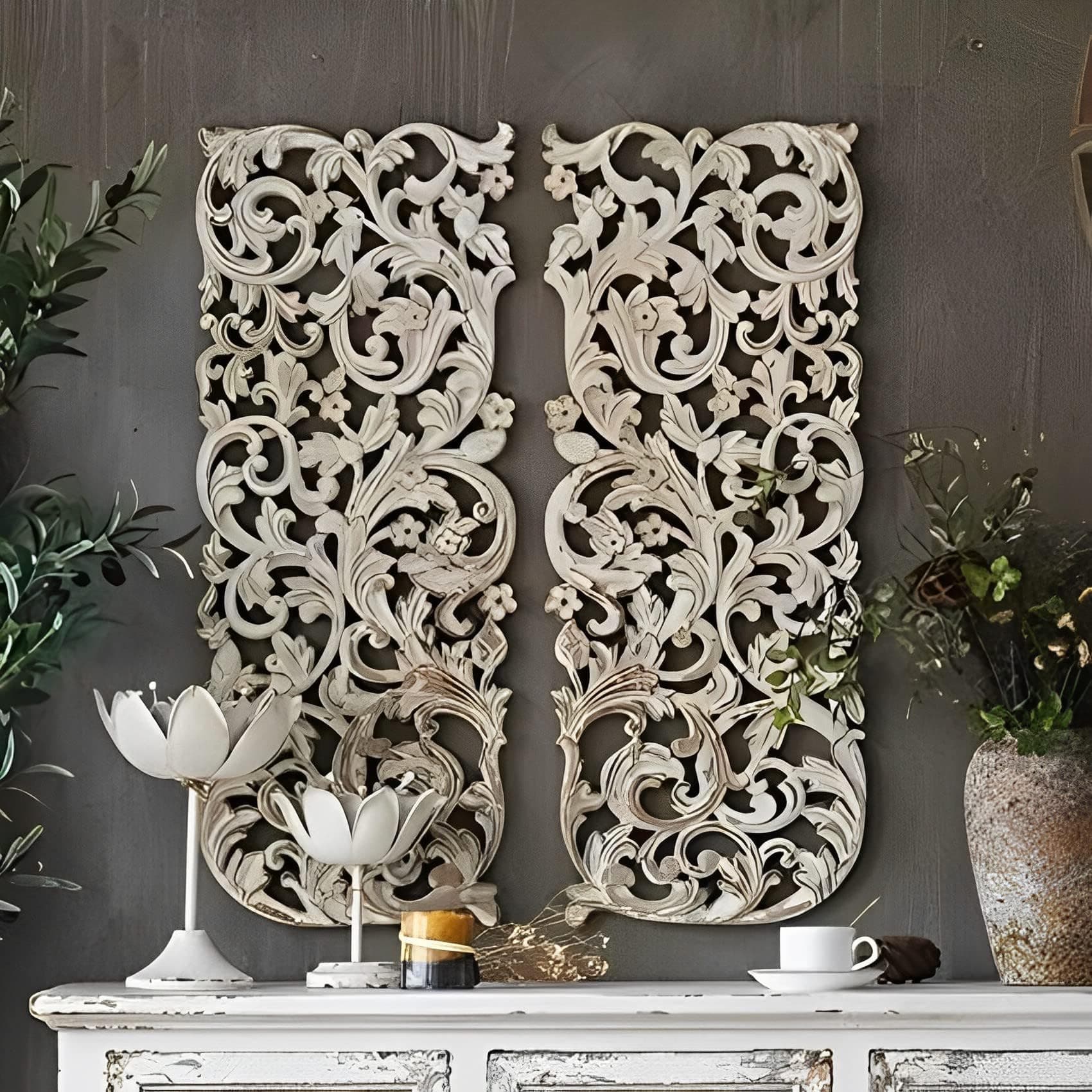 VAS Collection Home Floral MDF Wall Decoration Panel, Hanging Wood Carving Wall Decoration Panel for Living Room, Bedroom, Hallway, Office (12" X 27"Inch,White Antique) -Set of 2