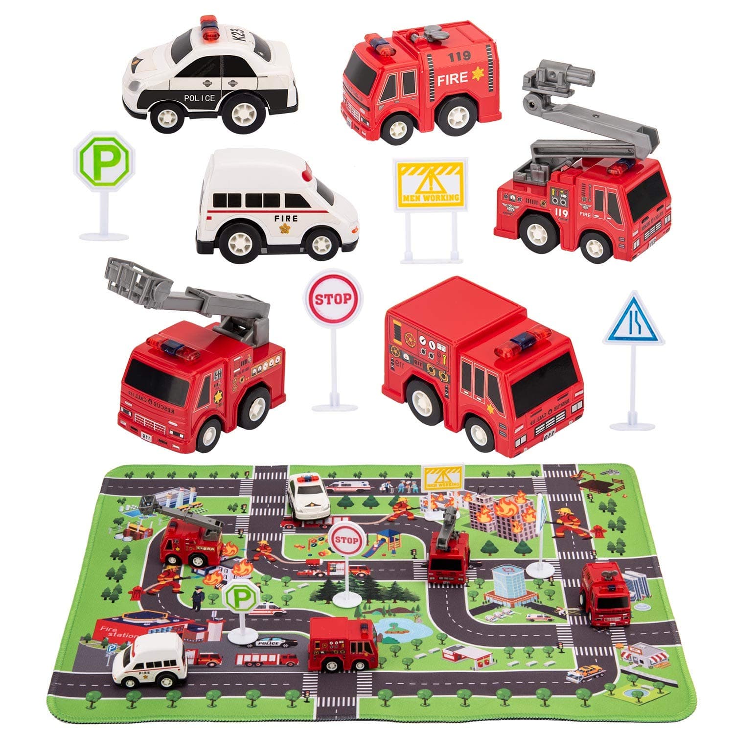 Kilpkonn Fire Truck Toys with Play Mat，Fire Vehicles Set Include 6 Fire Engines, 4 Road Signs, 14" x 18" Fire Rescue Playmat, Mini Pull Back Car Toys，Perfect Car Party Favors Gift