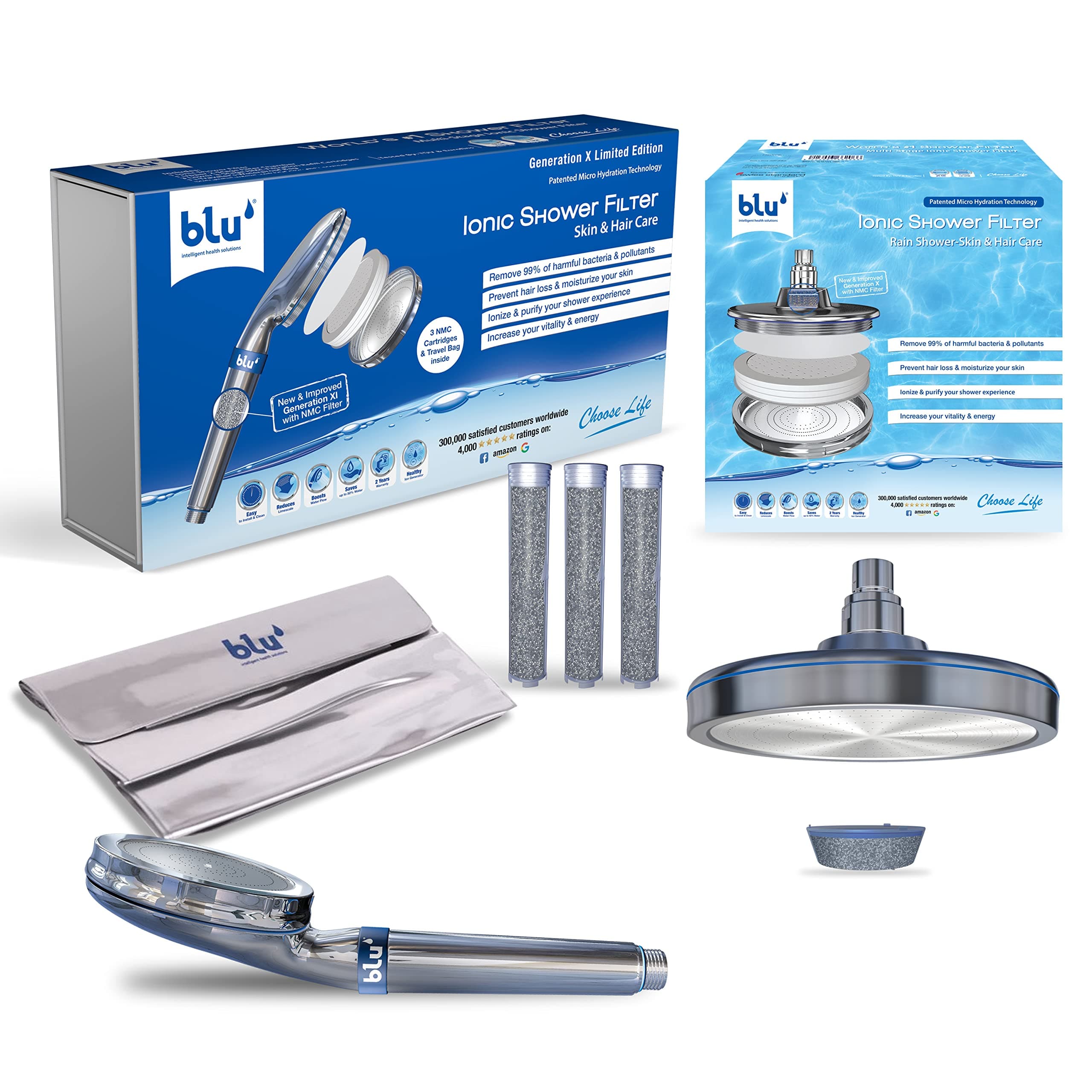 – Blu Intelligent Health Solutions blu Ionic Shower Head & Filter - Handheld + Rain Shower Bundle - Removes Chlorine & Harmful Pollutants - Skin & Haircare - Chrome