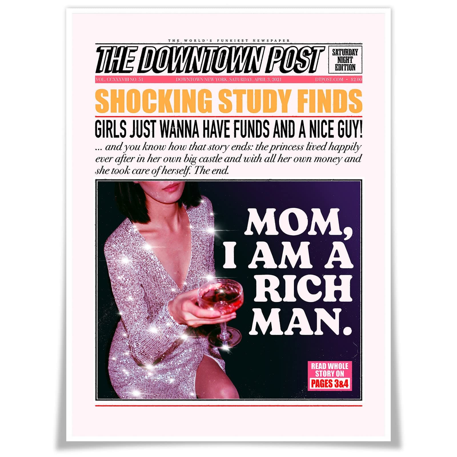 Funky Wall Art|Mom I Am A Rich Man|Inspirational Quotes, Disco Y2k Room Decor, Retro Newspapers Preppy Canvas, Bar Cart Decor 12x16inch Unframed