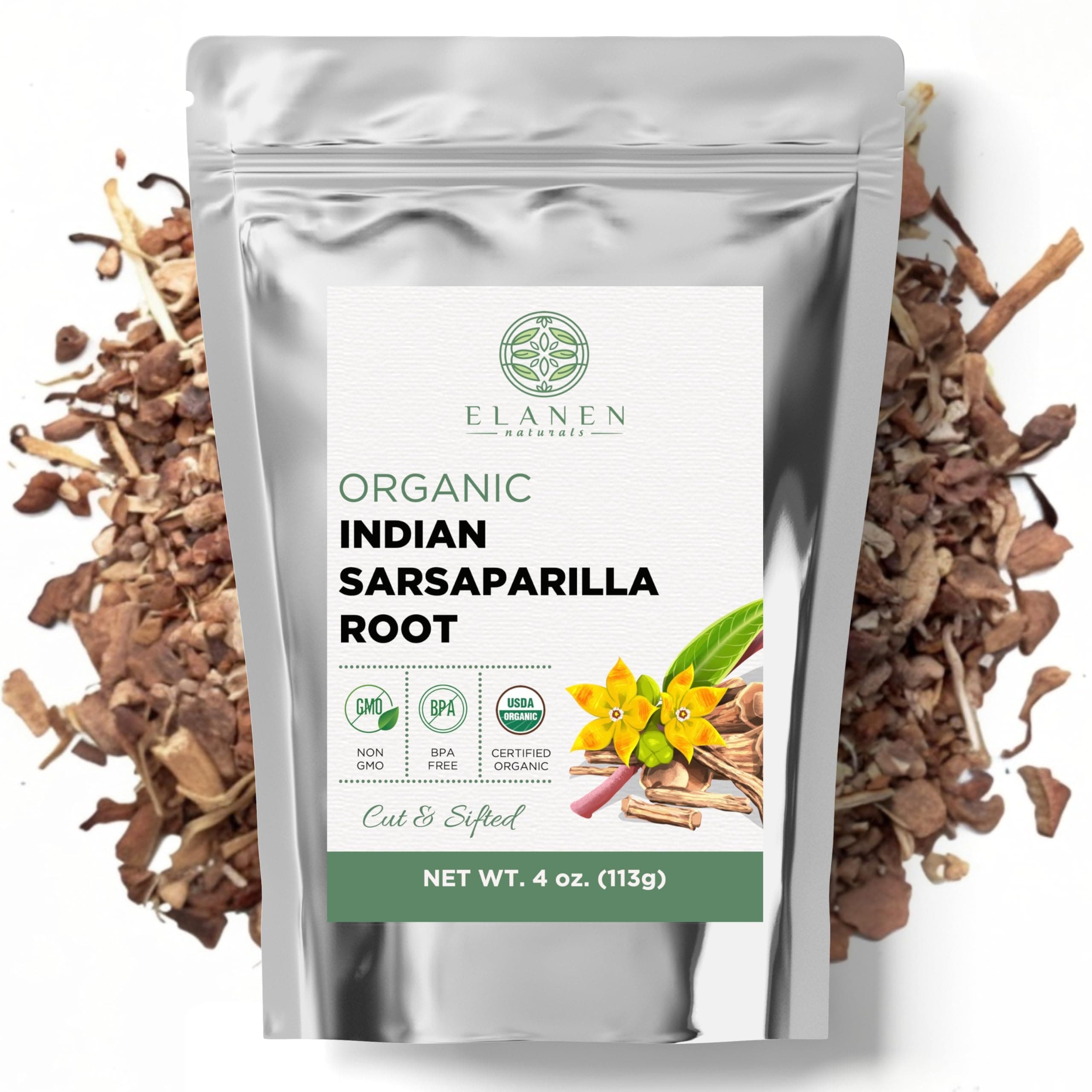 Elanen Naturals Organic Sarsaparilla Root 4 oz. (113g), USDA Certified Organic Indian Sarsaparilla Tea, Hemidesmus Indicus Sasparilla, Sarsparilla, Zarzaparrilla, Cut & Sifted