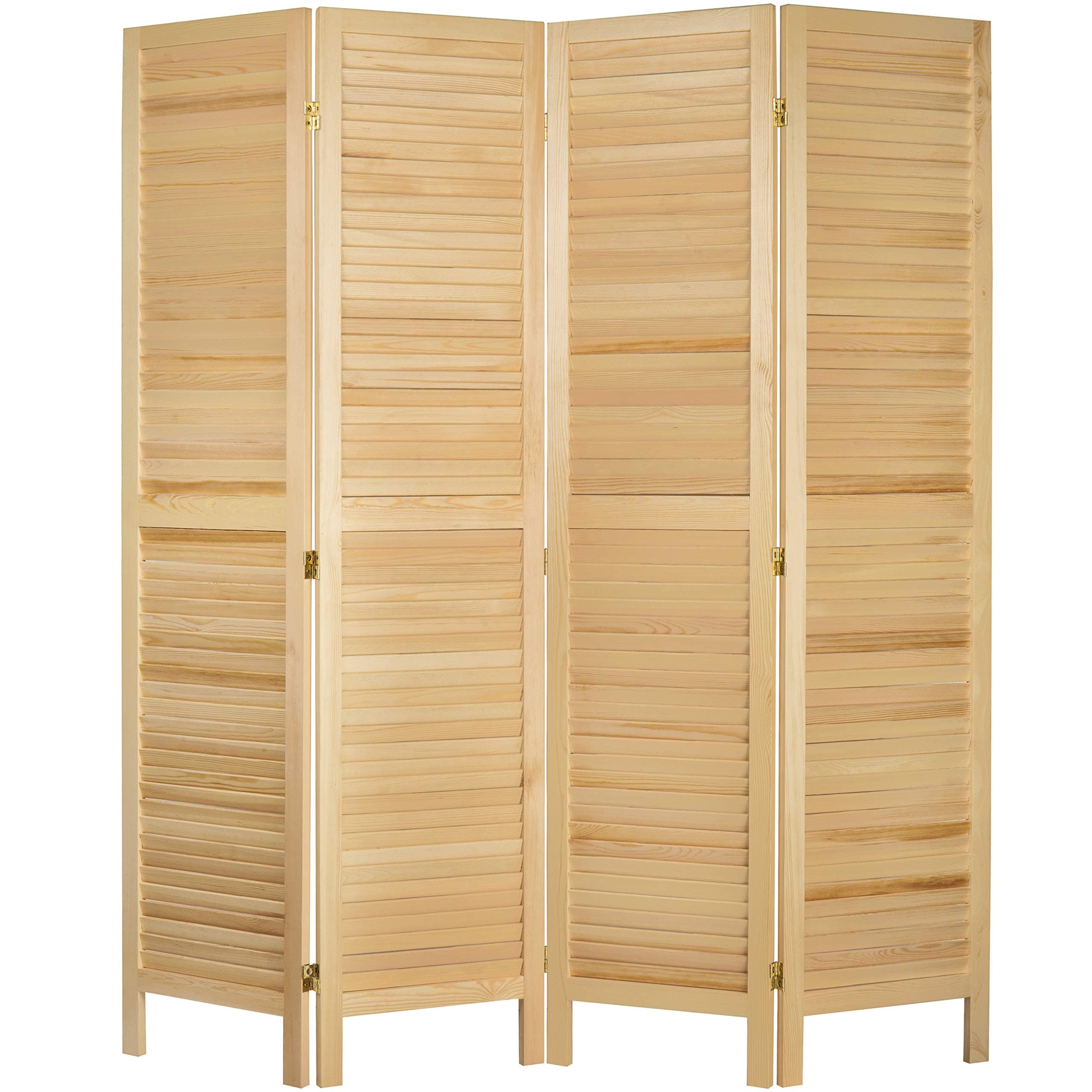 MyGift 4-Panel Natural Wood Louvered Room Divider with Dual-Action Hinges