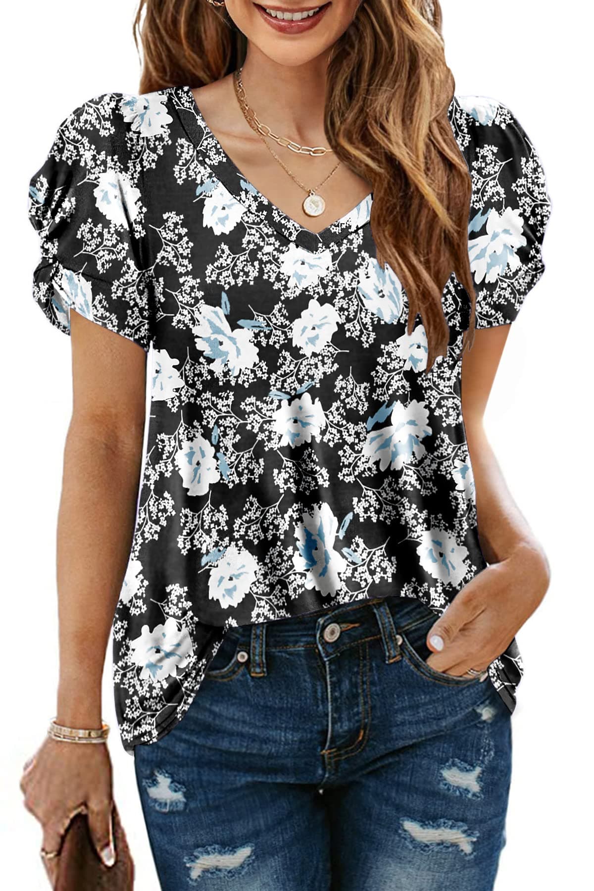 Women's V Neck Summer Tops Twist Puff Sleeve Short Sleeve T Shirts Dressy Casual Comfy Soft Tunics Loose Fit